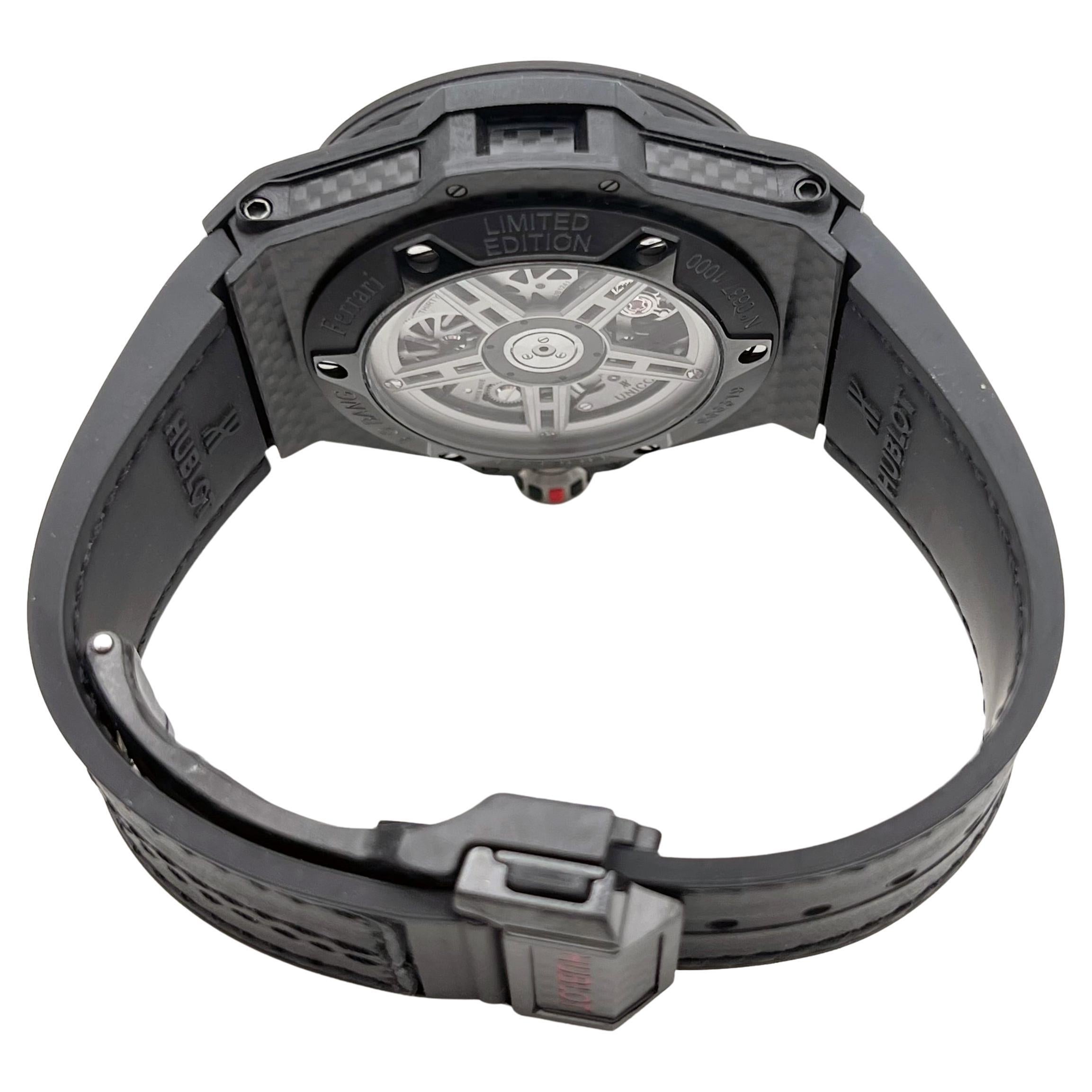 Hublot Big Bang UNICO Ferrari Chronograph (ref. 401.QX.0123.VR), featuring a self-winding automatic movement; gray-toned partially skeletonized dial; column-wheel chronograph with 60-minute counter at 3 o'clock, along with inset date aperture in