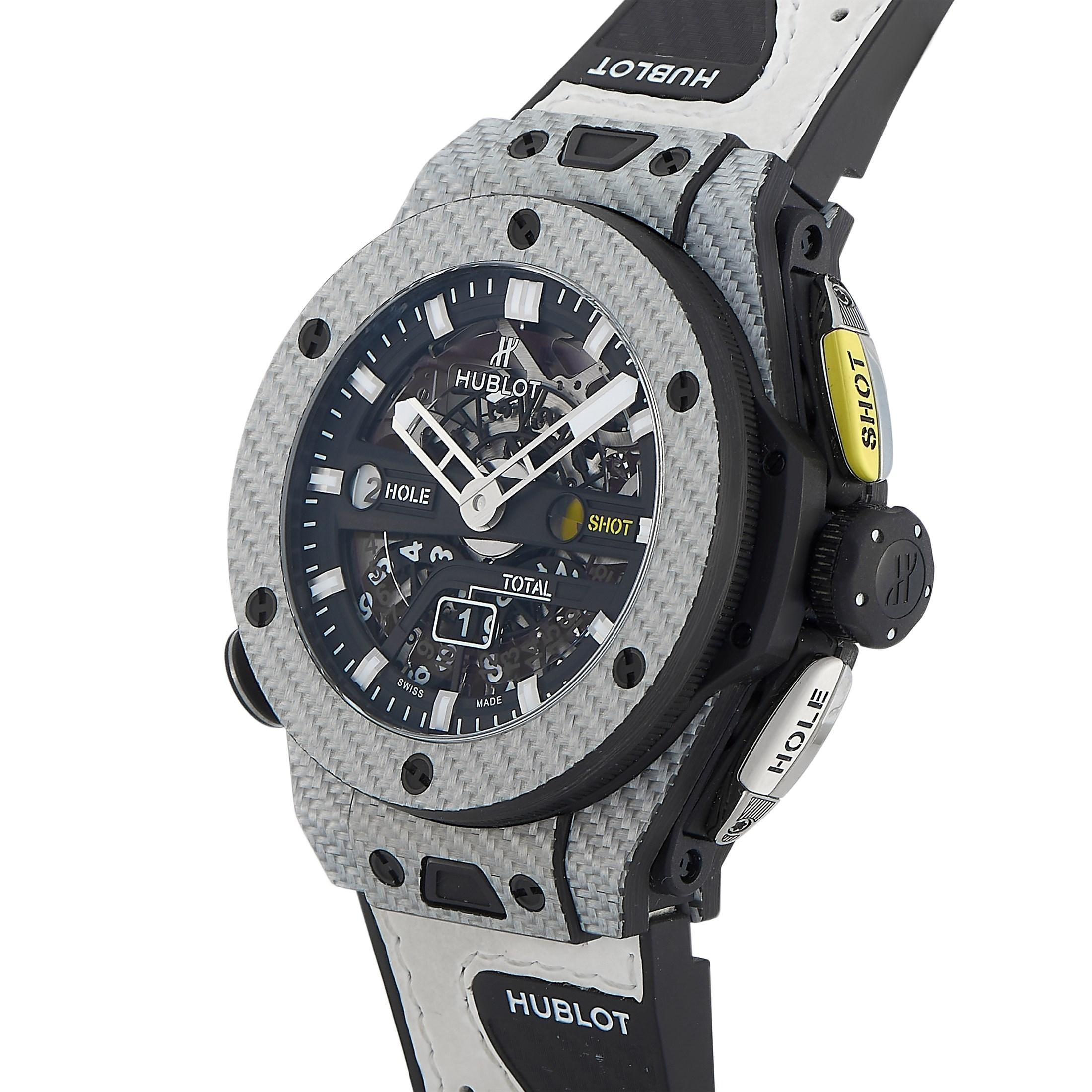 Daring in design and powerful in mechanism, the Hublot Big Bang Unico golf wristwatch is a non-traditional timepiece with quite a very specific use. Designed with a newly developed complication, the Big Bang Unico allows the wearer to keep the score