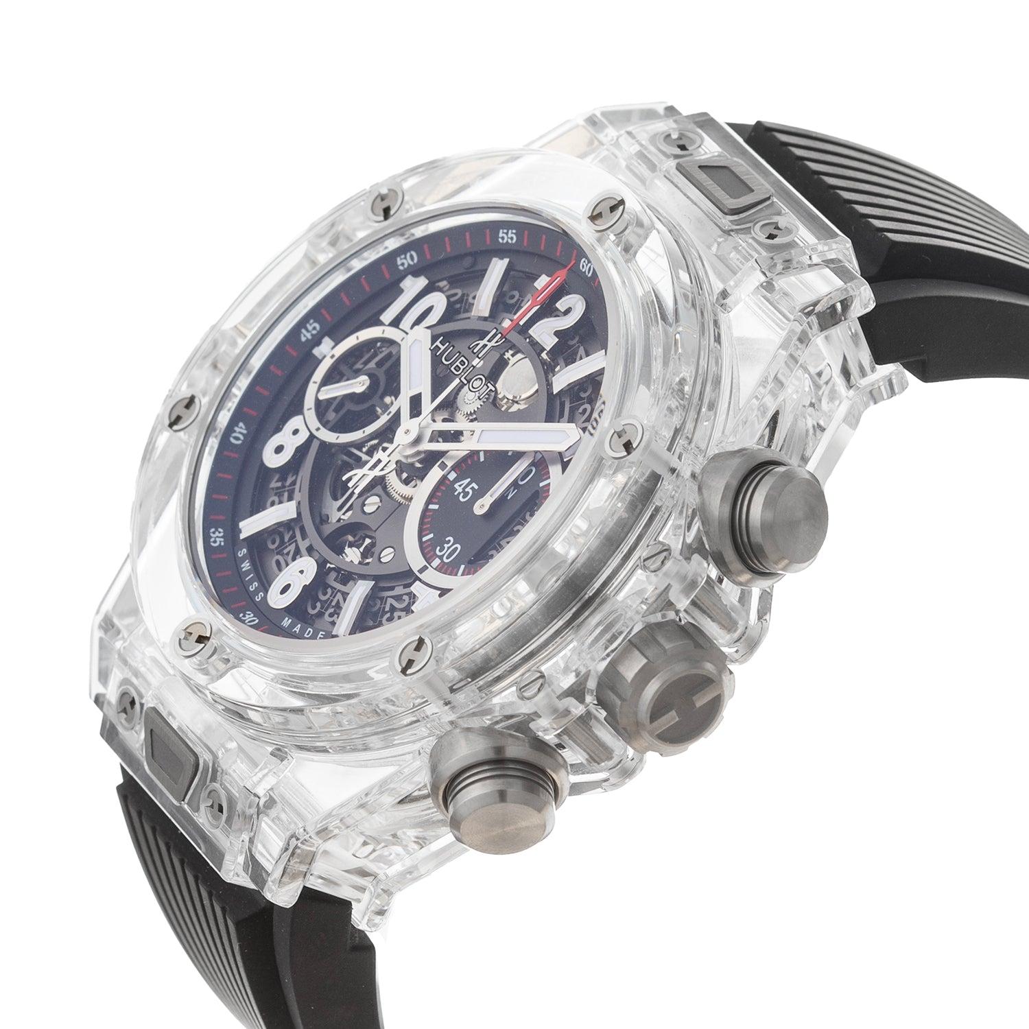 The Big Bang UNICO Magic Sapphire wrist watch by Hublot (ref. 411.JX.1170.RX), featuring a self-winding automatic movement with a 72-hour power reserve; matte black skeletonized dial with Arabic numerals & baton hour markers; column-wheel