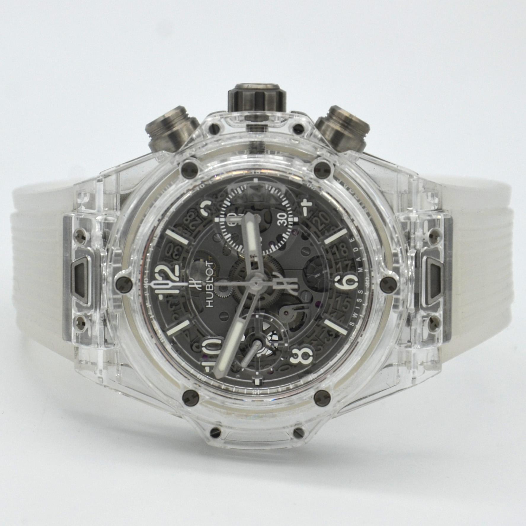 Certified Authentic Hublot Big Bang Unico, Reference Number: 441.JX.4802.RT. The watch has a 42mm Polished Transparent Composite Resin Skeleton Dial featuring HUB1280 UNICO Manufacture Self-winding Chronograph Flyback Movement with Column Wheel. The