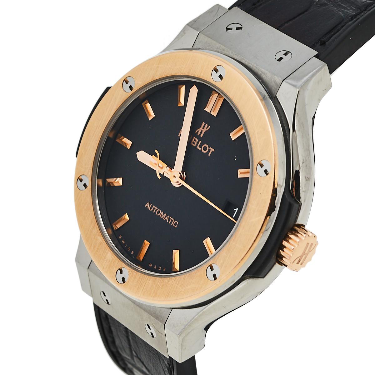 Not only is this stylish Hublot Classic Fusion wristwatch comfortable to wear, but it’s also well-crafted and attractive. The titanium case with an 18k rose gold bezel surrounding a black dial on a tonal leather strap looks elegantly timeless. Its