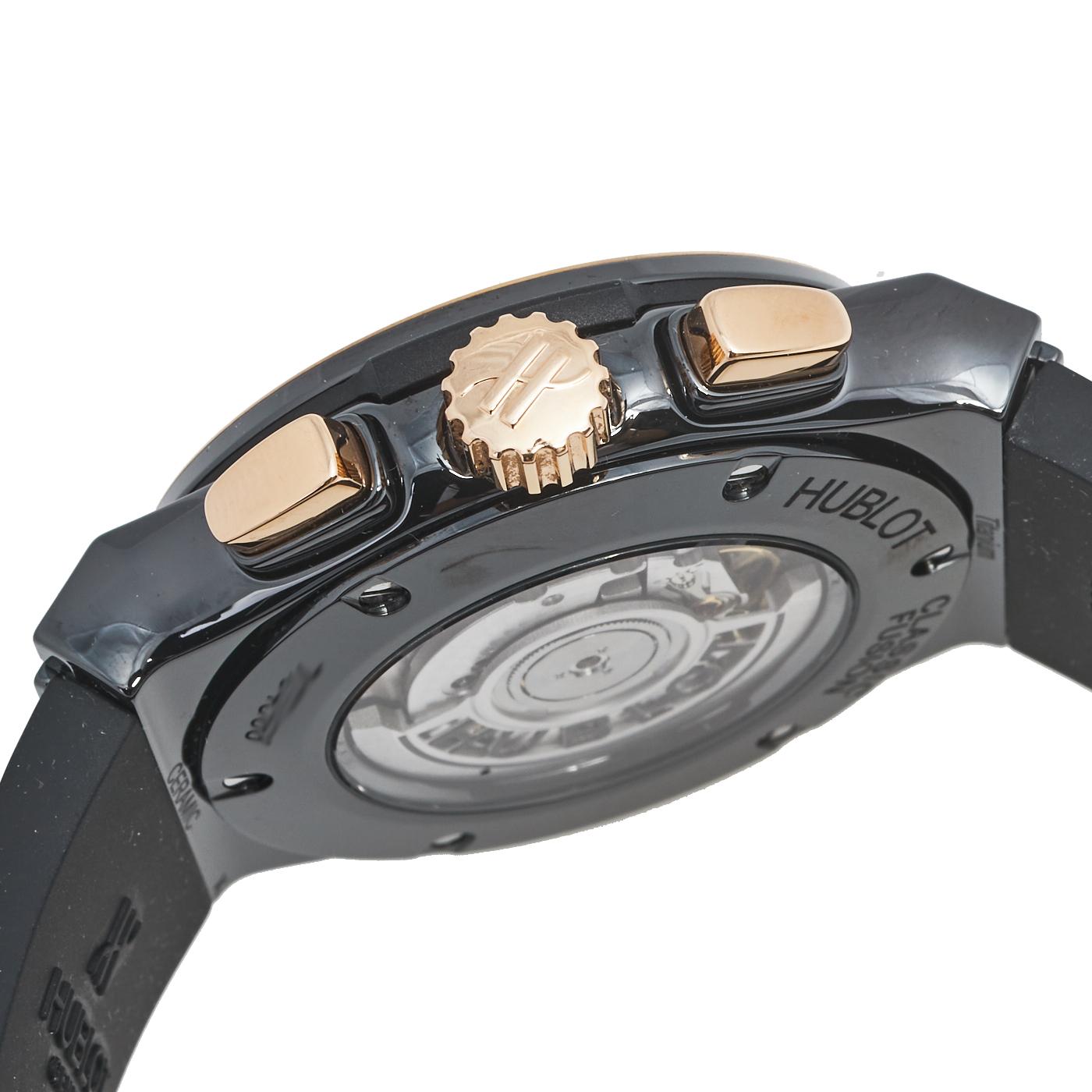 Contemporary Hublot Black Ceramic 18K Rose Gold Rubber Classic Fusion Men's Wristwatch 45 mm