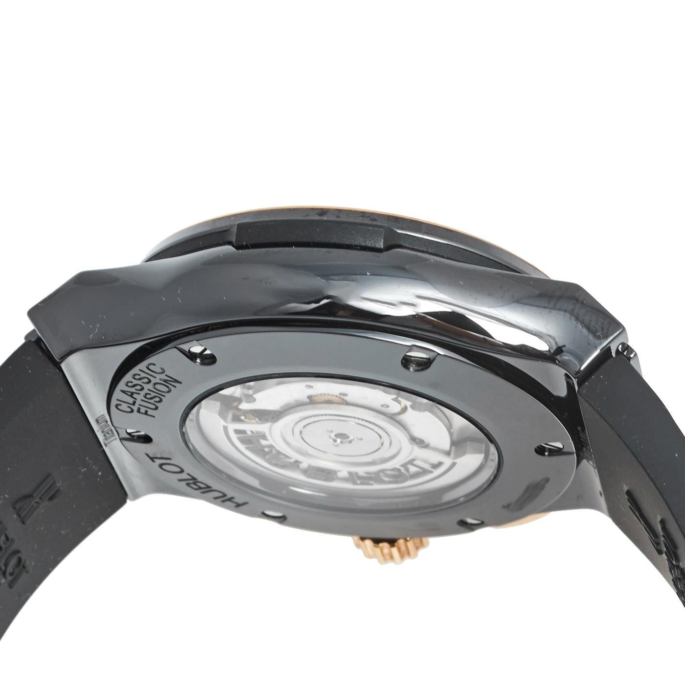 Hublot Black Ceramic 18K Rose Gold Rubber Classic Fusion Men's Wristwatch 45 mm In Good Condition In Dubai, Al Qouz 2