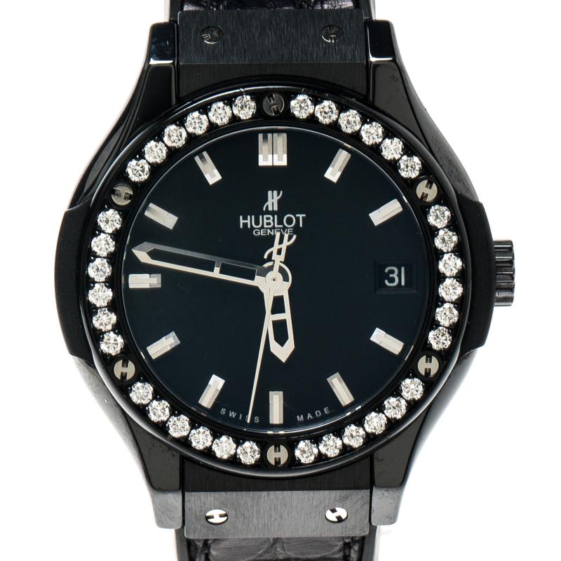 Contemporary Hublot Black Ceramic and Diamonds Classic Fusion Women's Wristwatch 33 mm