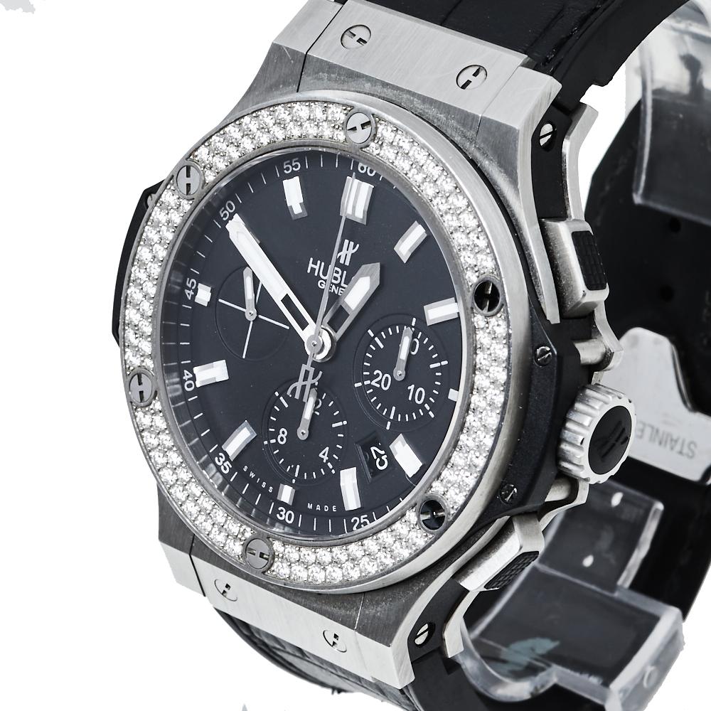 Contemporary Hublot Black Stainless Steel Diamonds Big Bang Chronograph Men's Wristwatch 44MM