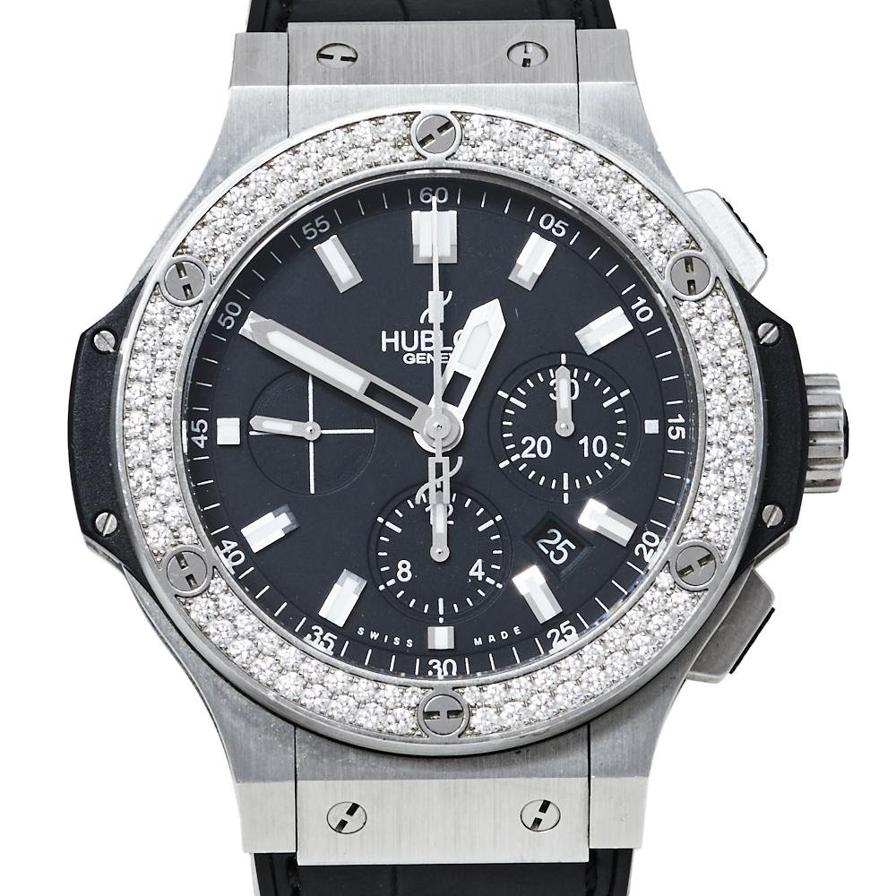 Contemporary Hublot Black Stainless Steel Diamonds Big Bang Chronograph Men's Wristwatch 44MM
