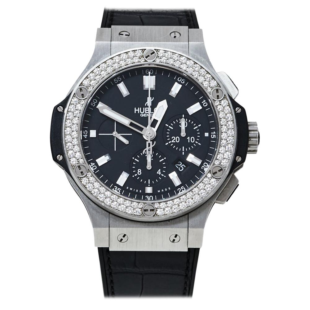 Hublot Black Stainless Steel Diamonds Big Bang Chronograph Men's Wristwatch 44MM