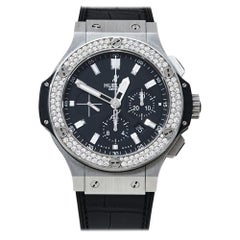Used Hublot Black Stainless Steel Diamonds Big Bang Chronograph Men's Wristwatch 44MM