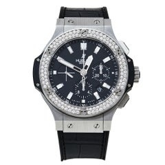 Used Hublot Black Stainless Steel Diamonds Big Bang Chronograph Men's Wristwatch 44MM