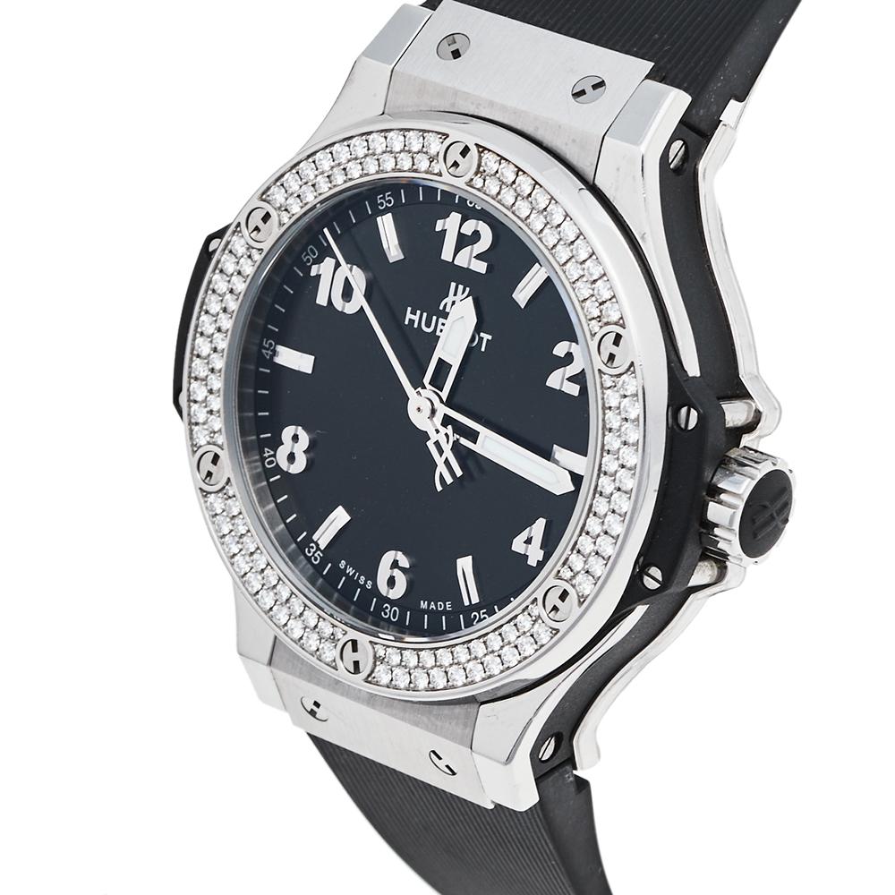 Hublot Black Stainless Steel Rubber Diamonds Big Bang  Women's Wristwatch 38 mm 1