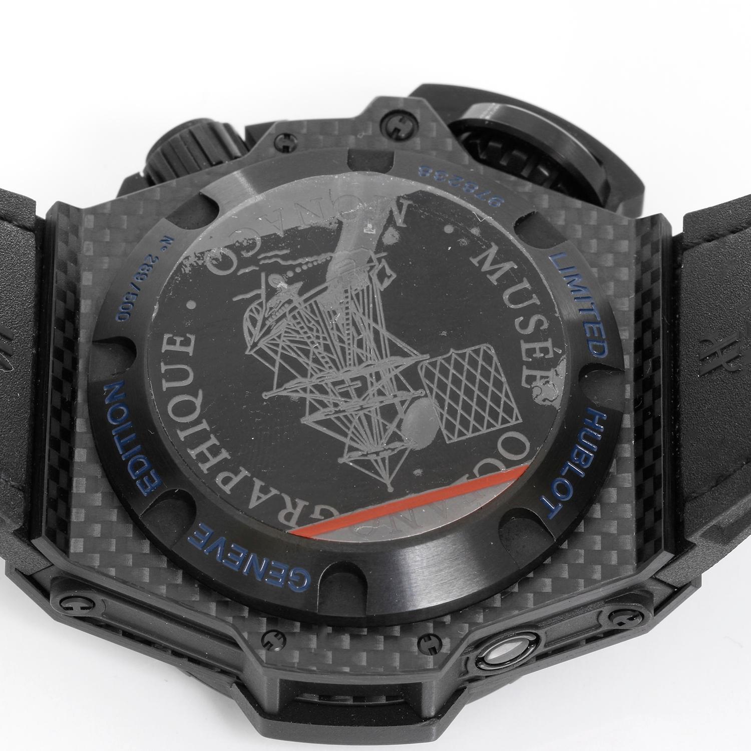 Hublot Oceanographic 4000 Carbon Fiber Men's Watch 731.QX.1190.GR.ABB12 - Automatic. Carbon Fiber case with inner rotating bezel ( 48 mm ). Black Matte dial with blue hour markers. Blue alligator pattern strap with black Titanium Hublot buckle.