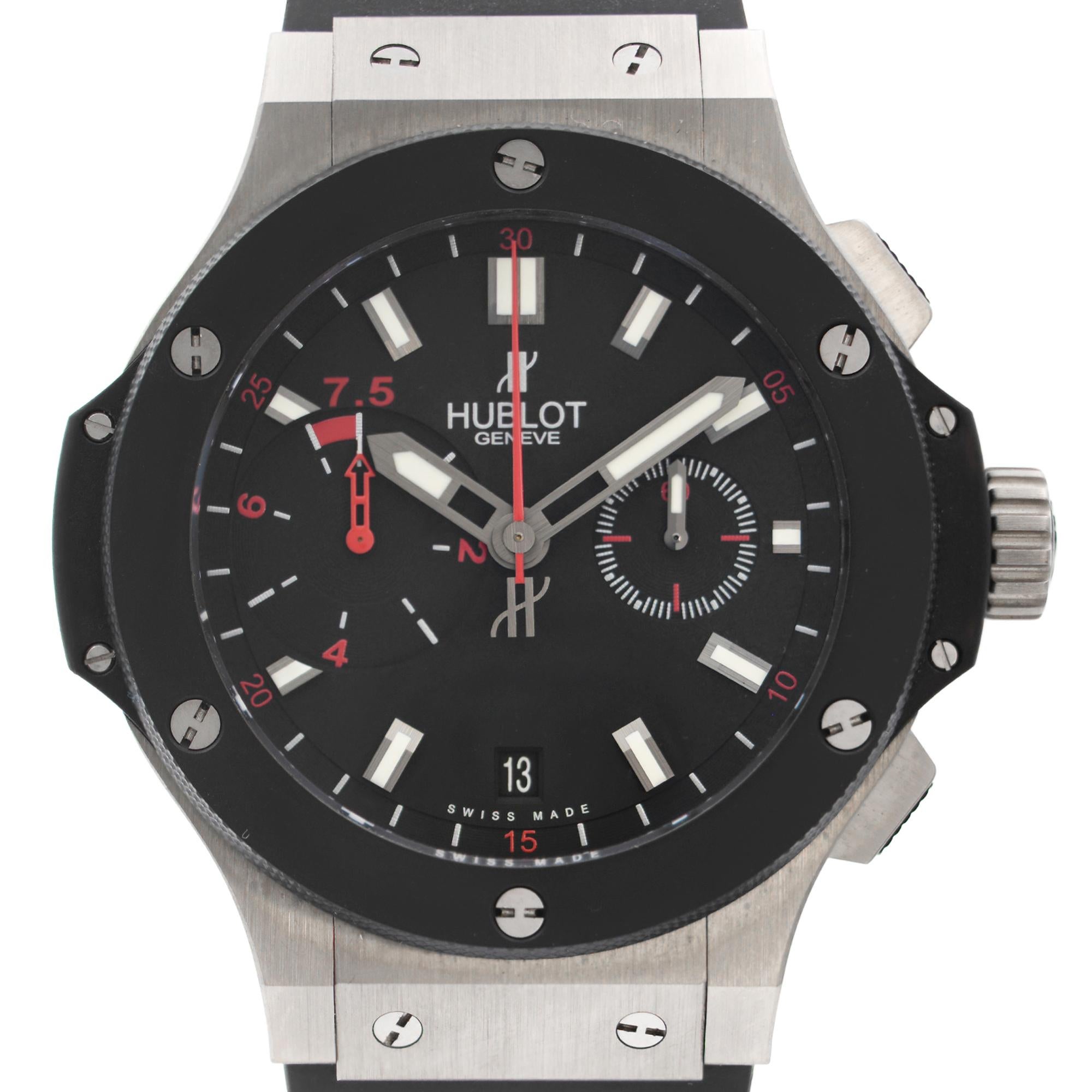 Display Model Hublot Chukker Bang Limited Edition to 500 Black Dial Titanium Automatic Mens Watch. Comes with an extra brown leather strap. Missing titanium Grid This Beautiful Timepiece Features: Titanium Case with a Black Rubber Band, Fixed Black