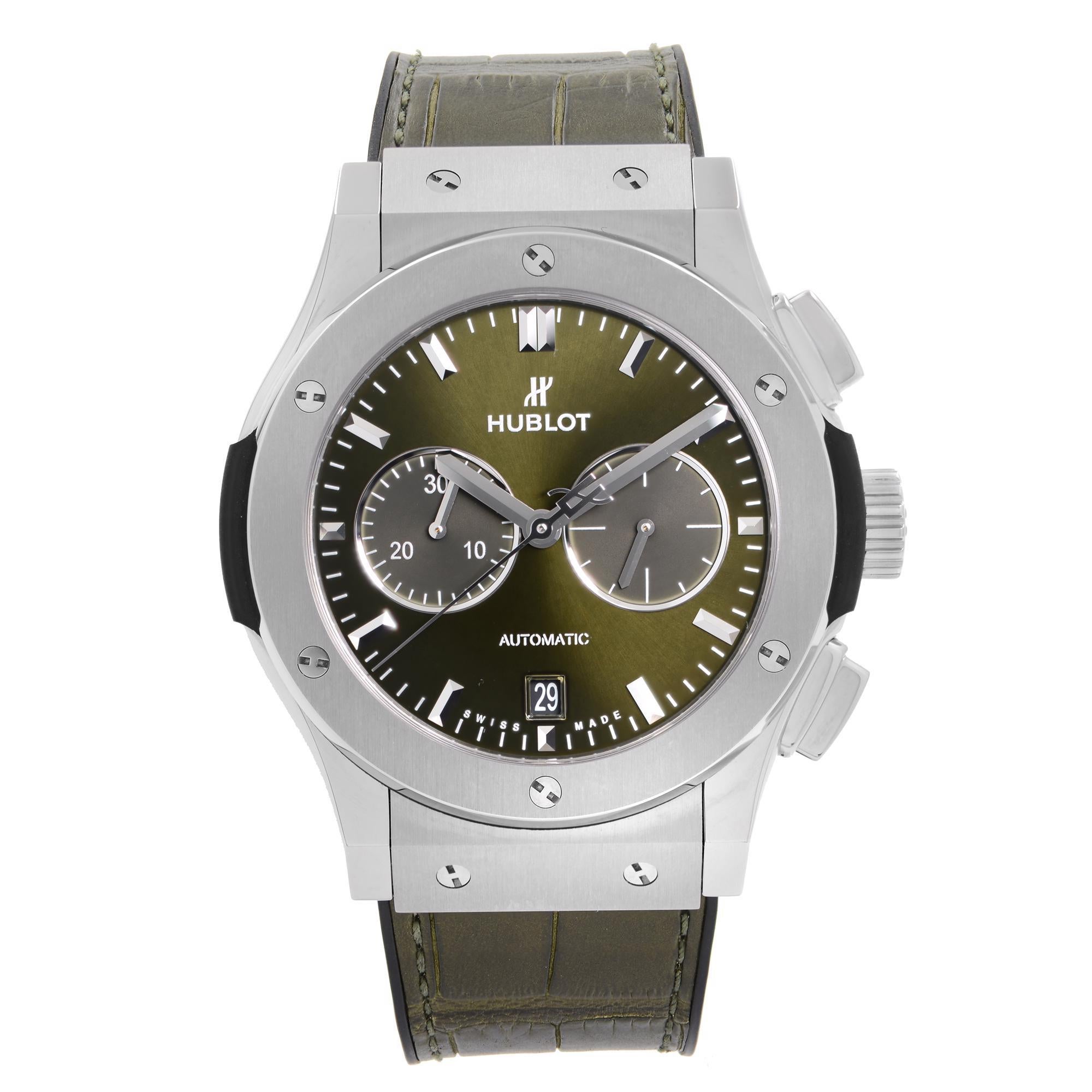 Unworn Hublot Classic Fusion 42mm Chronograph Titanium Green Dial Mens Automatic Watch 541.NX.8970.LR. This beautiful Timepiece is Powered by Mechanical (Automatic) Movement with exceptional features: Satin-finished / polished titanium case with a