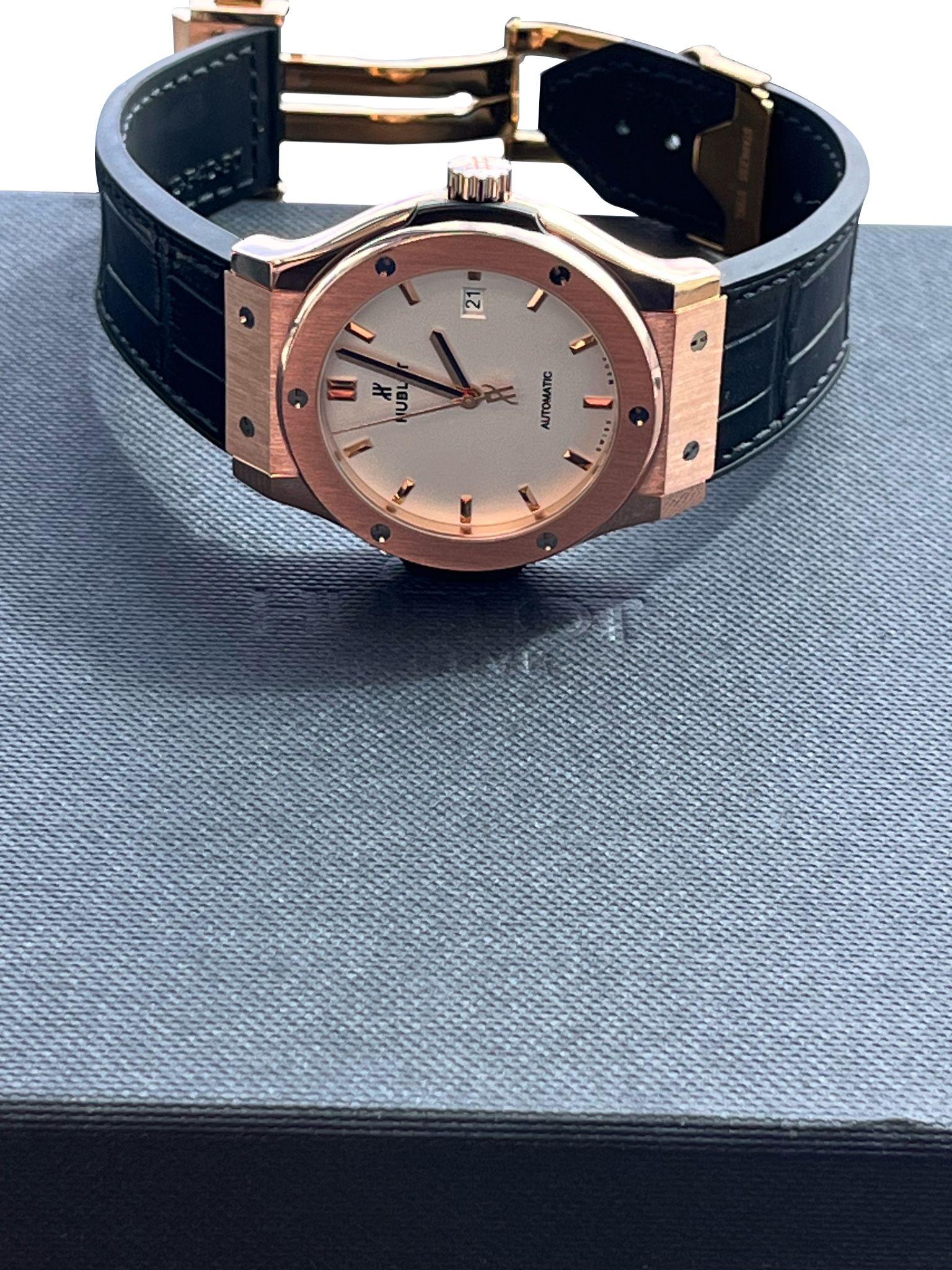 Hublot Classic Fusion 42mm King Gold Opalin Rose Gold Silver Dial 542.OX.2610.LR For Sale 15