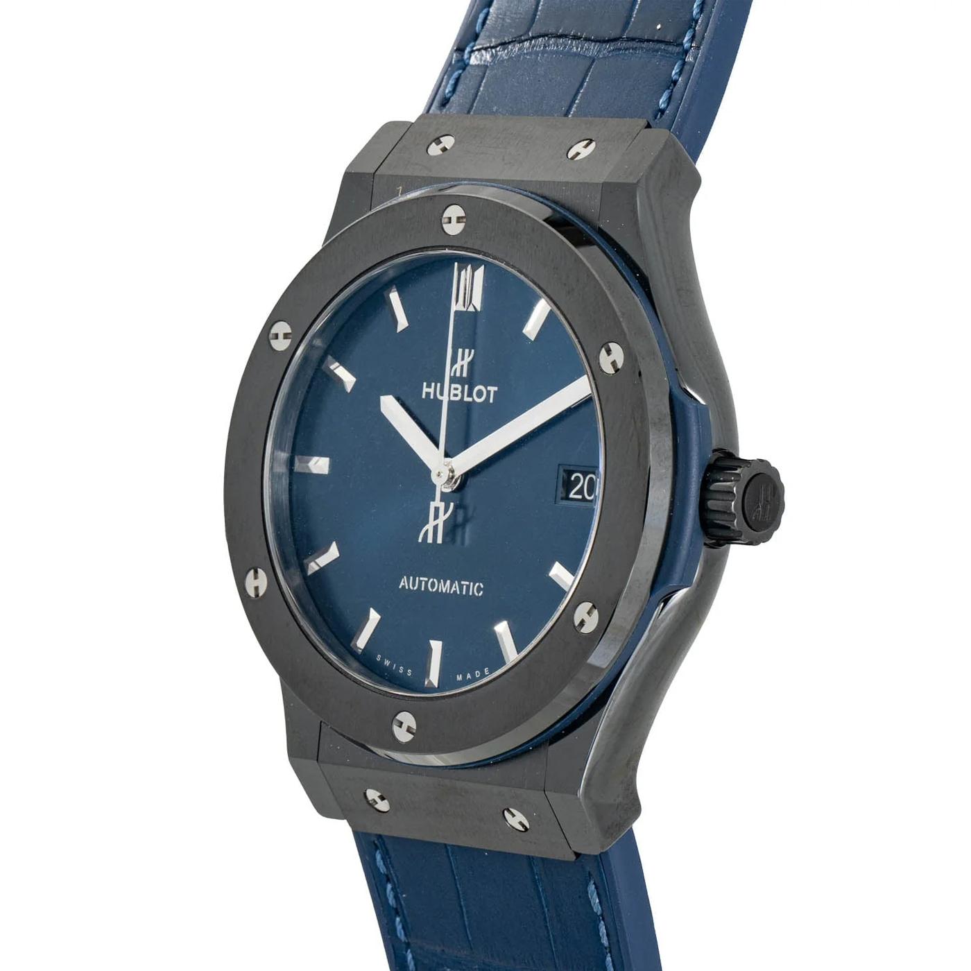 Hublot Classic Fusion Black Ceramic Blue Watch 45mm 511.CM.7170.LR. A new addition to the classic fusion range this blue dial model features a satin and polished finished black ceramic bezel. The dial features a satin-finished blue sunray pattern.