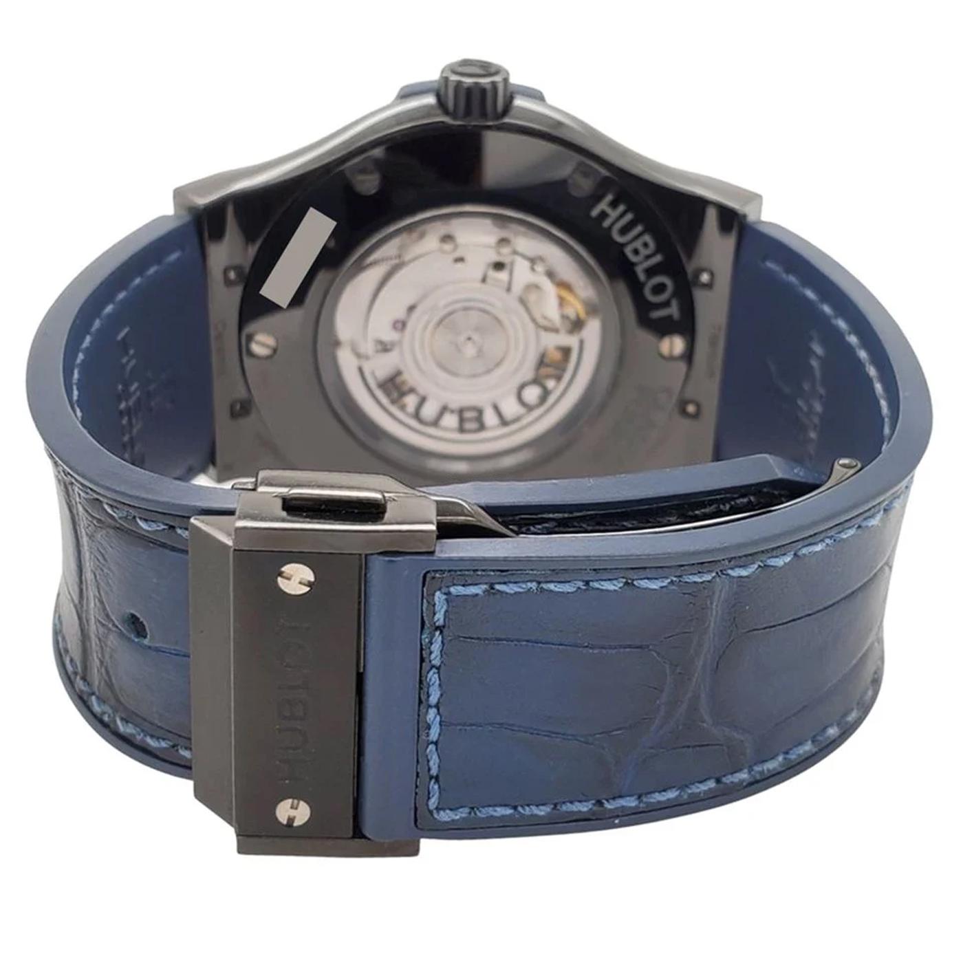 Modernist Hublot Classic Fusion 45mm Black Ceramic Bezel Blue Dial Watch 511.CM.7170.LR For Sale