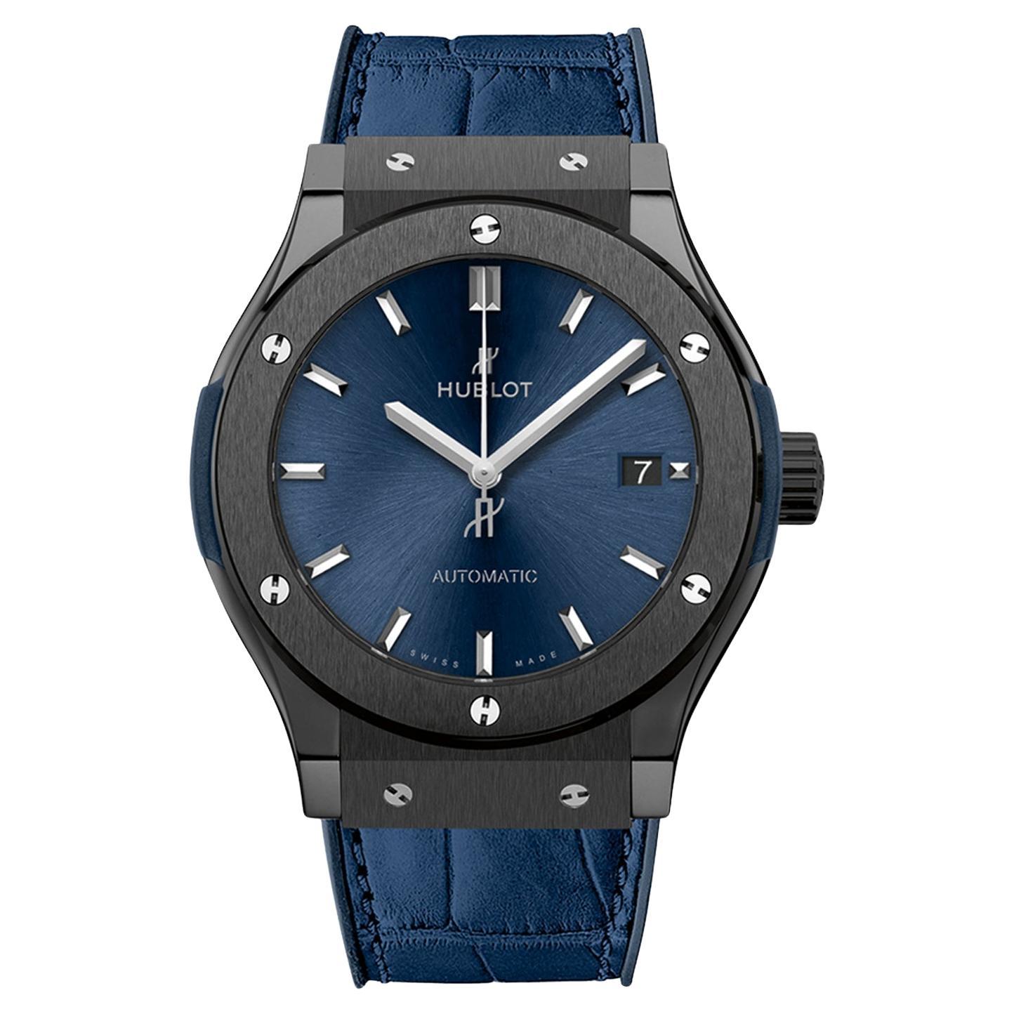 Hublot Classic Fusion 45mm Schwarze Uhr mit Keramik-Lünette und blauem Zifferblatt 511.CM.7170.LR