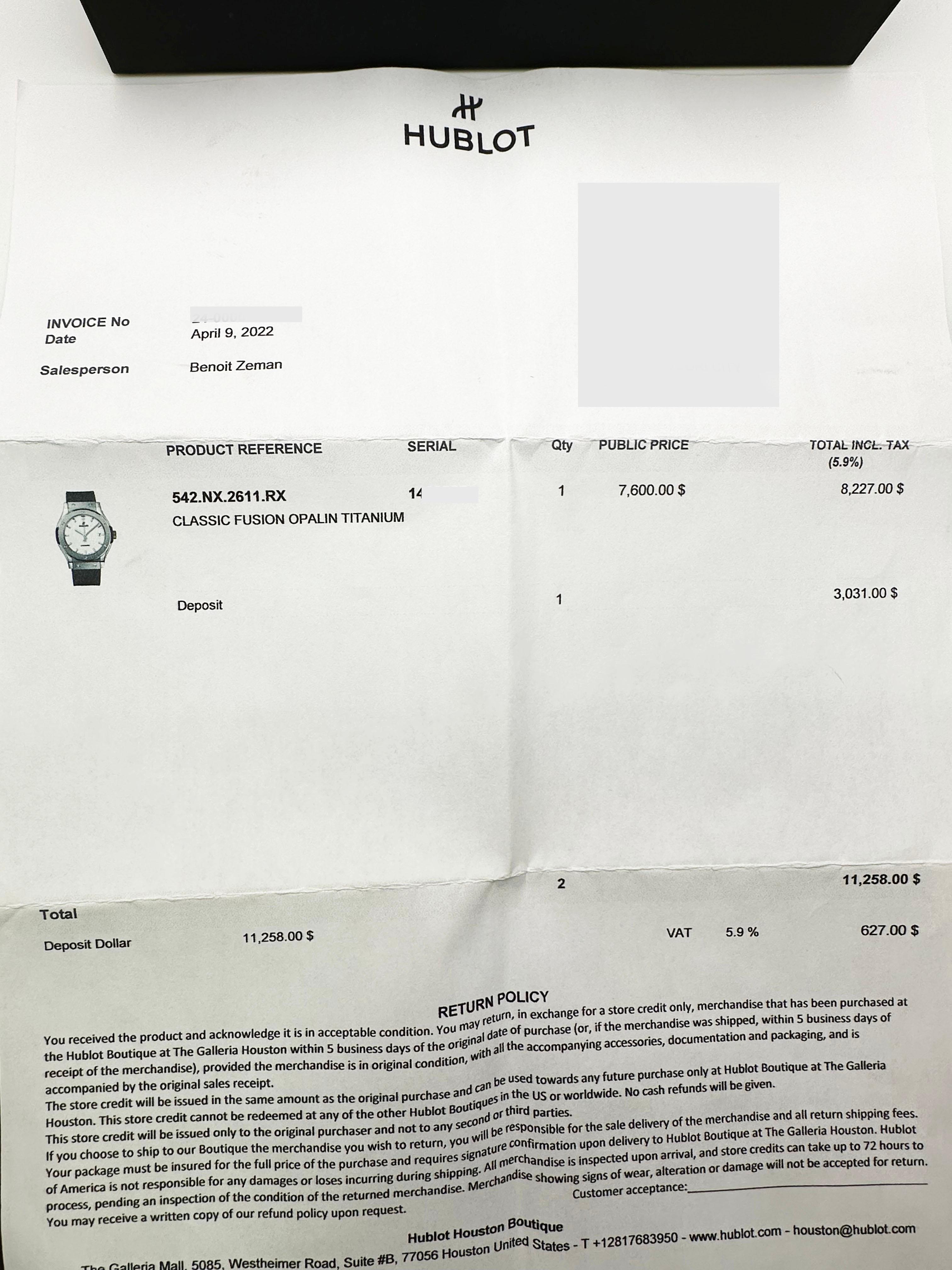 Hublot Classic Fusion 542.NX.2611.LR Opaline Dial Titanium 42mm Box Receipt For Sale 8