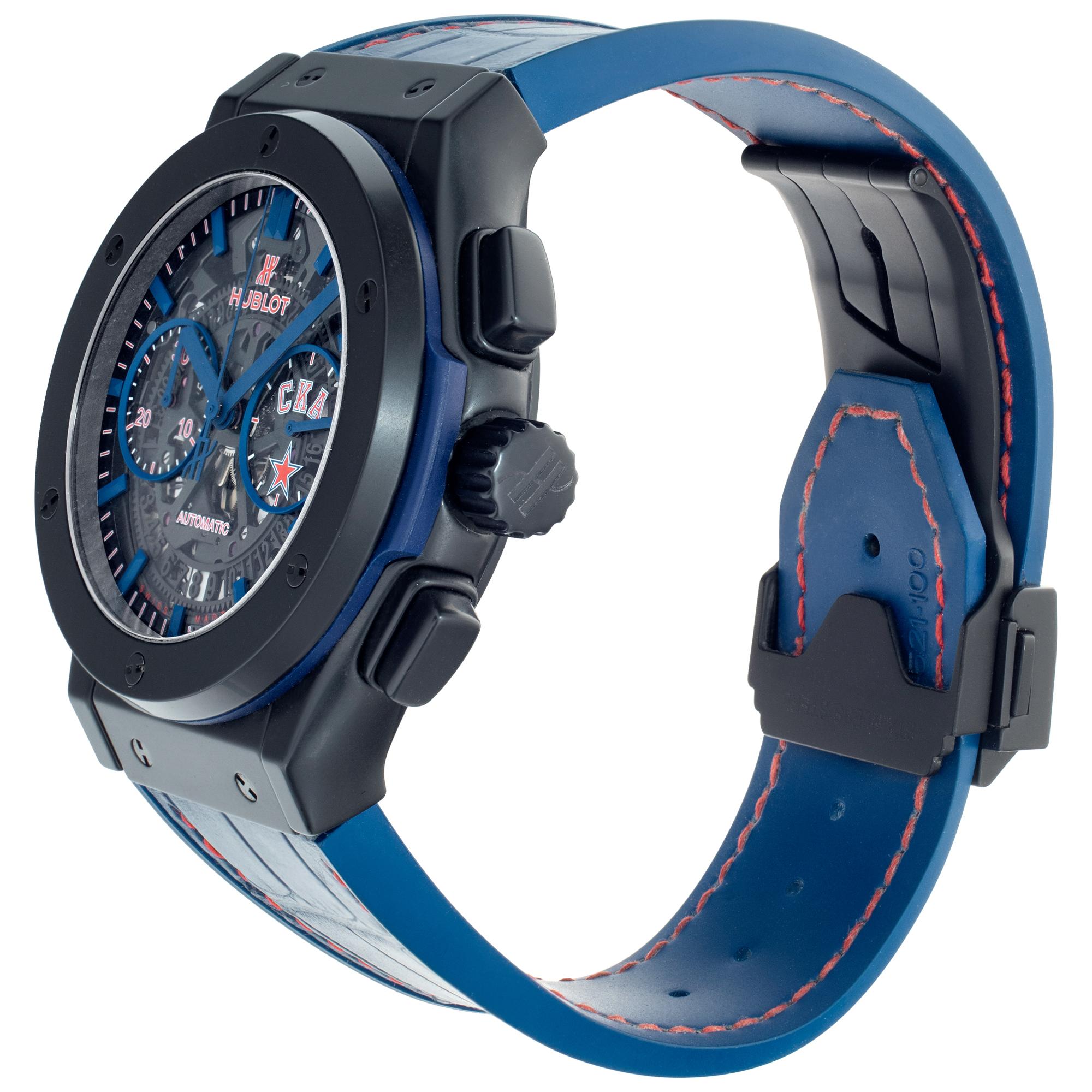 Hublot Classic Fusion Special Edition SKA Cagarin Cup in black ceramic on a blue strap with a Hublot black ceramic deployant buckle. Automatic movement under glass w/ subseconds, date and chronograph. 46 mm case size. With box and papers. Ref
