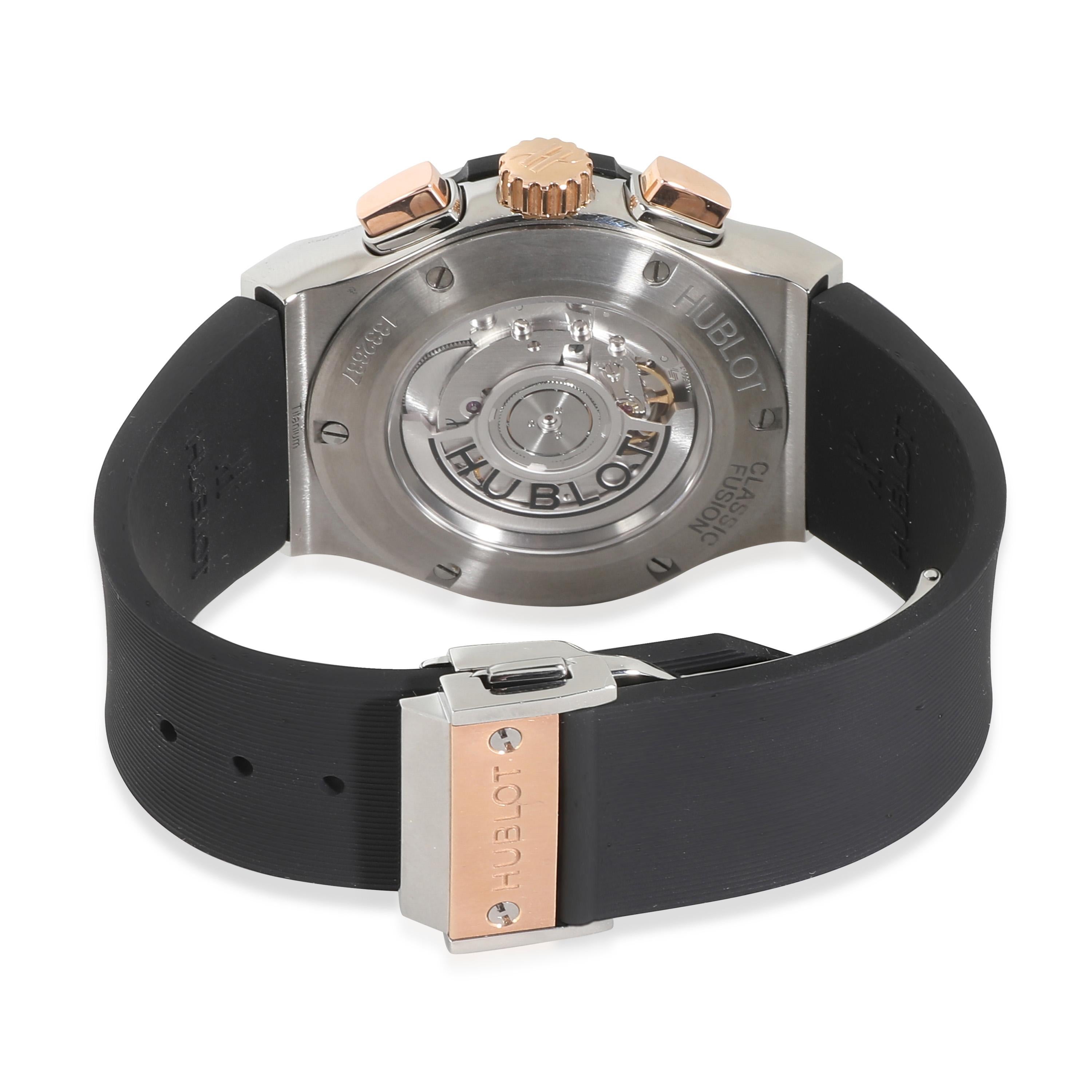 Hublot Classic Fusion Chrono 521.NO.1181.RX Men's Watch in 18kt Titanium/Rose Go

SKU: 140907

PRIMARY DETAILS
Brand: Hublot
Model: Classic Fusion Chrono
Country of Origin: Switzerland
Movement Type: Mechanical: Automatic/Kinetic
Year of
