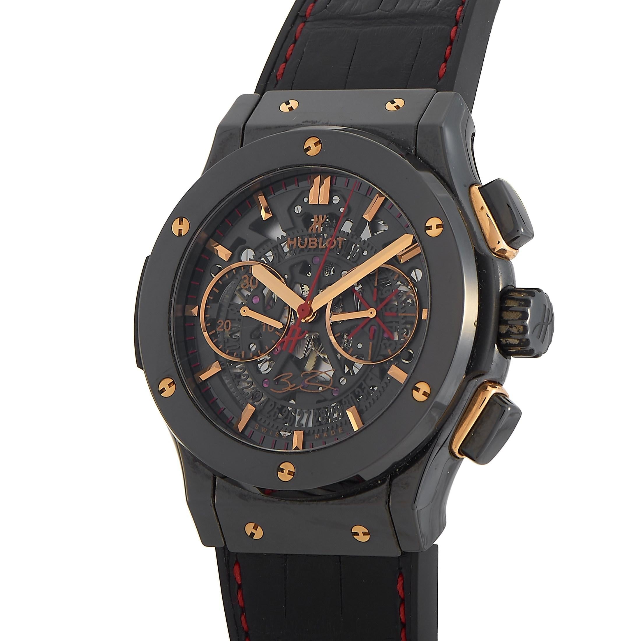 Limited to only 250 pieces, here is one Hublot Classic Fusion Dwayne Wayne edition that you can own at a fair price. This timepiece features a polished black ceramic bezel with six H-shaped screws in 18K king gold over a 45mm black ceramic case. The