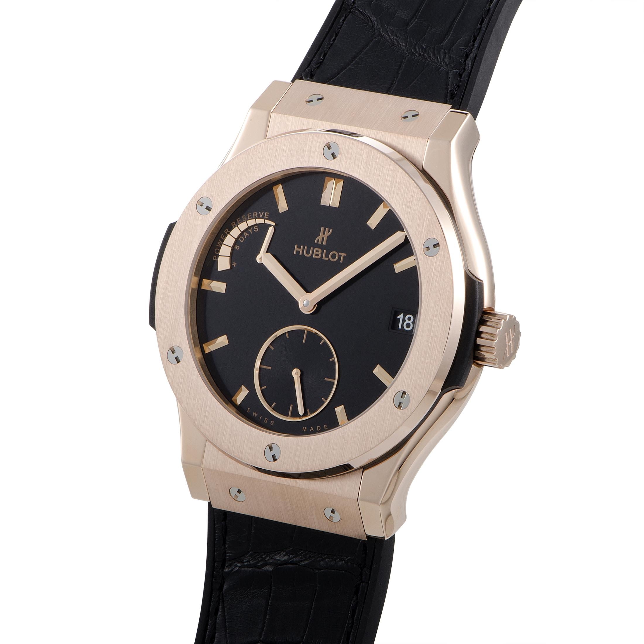 The Hublot Classic Fusion Power Reserve 8 Days King Gold 45 mm, reference number 516.OX.1480.LR, is a member of the iconic “Classic Fusion” collection.

This timepiece is presented with a case made of 18K King gold that has a diameter of 45 mm. The