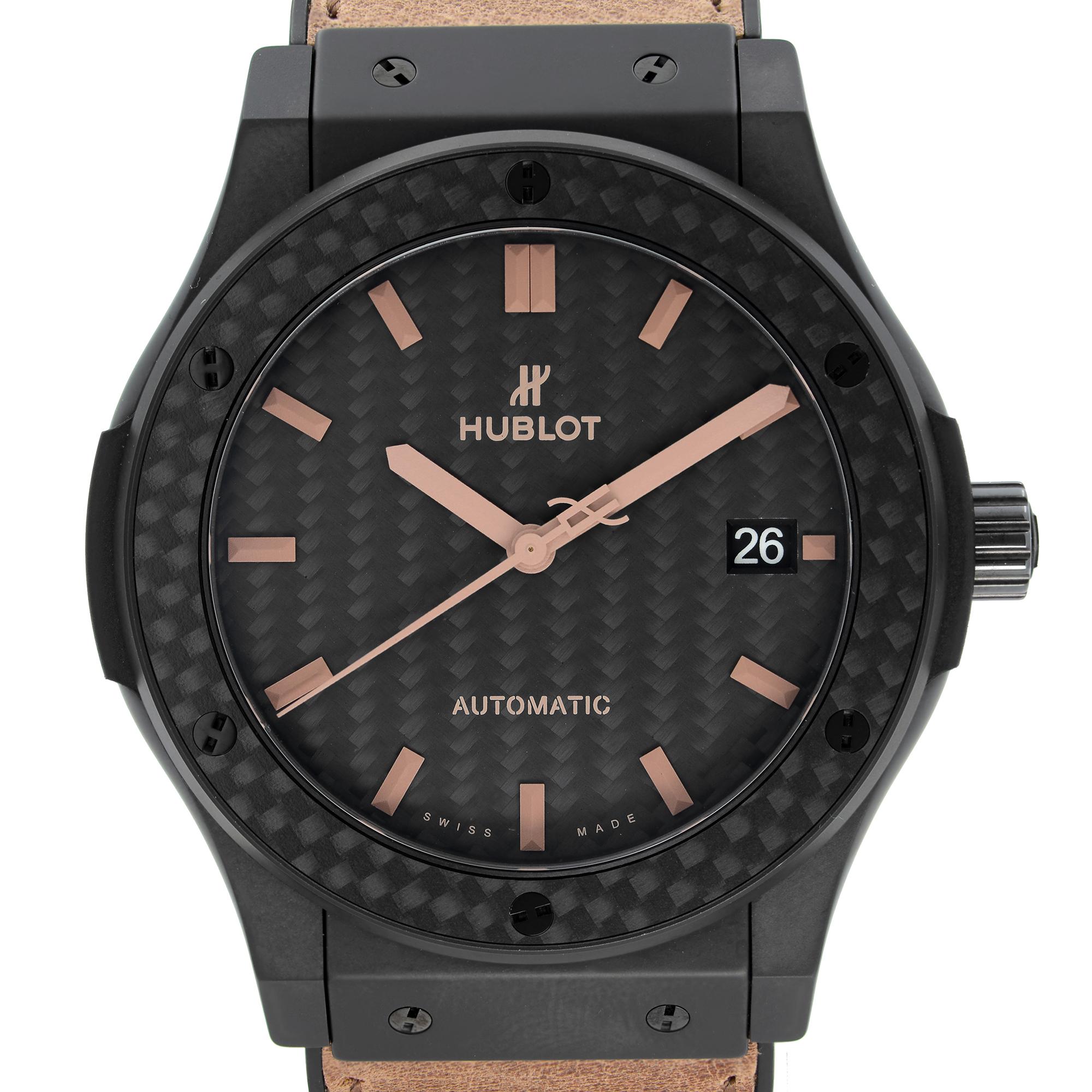 Pre-owned Mint Condition.  Hublot Classic Fusion Special Edition Black Dial Men Watch 511.QC.1790.VR.PLP.16.  Wear signs on the band holes. This Beautiful Timepiece Features: Black Ceramic Case with a Brown Leather Strap that has Black Rubber