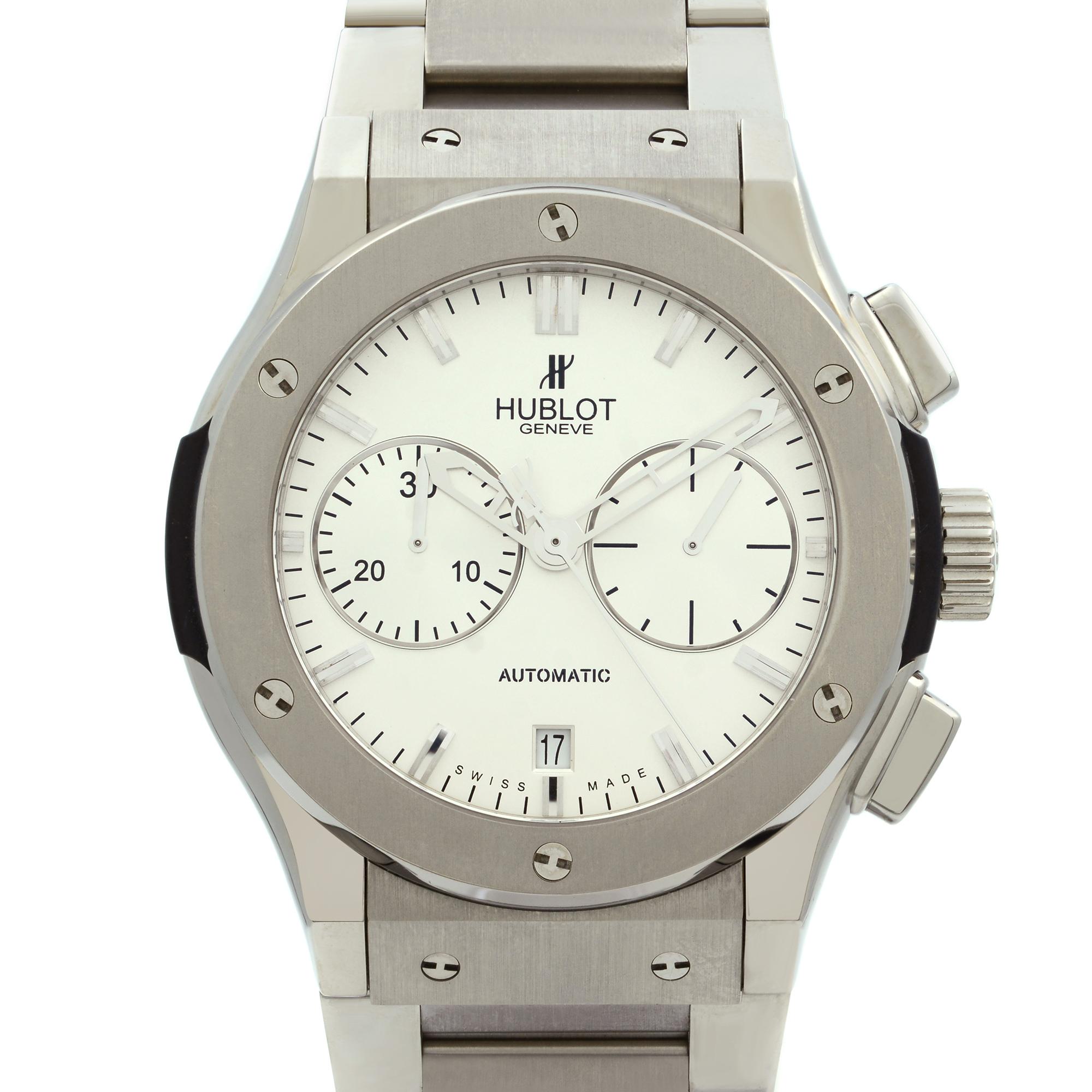 This watch is in flawless display model condition. Titanium Band With Stainless Steel Clasp. Comes with Original Box and Papers. Covered By 3 Year Chronostore Warranty.
Details:
MSRP 13100
Model Number 521.NX.2610.RX
Brand Hublot
Department
