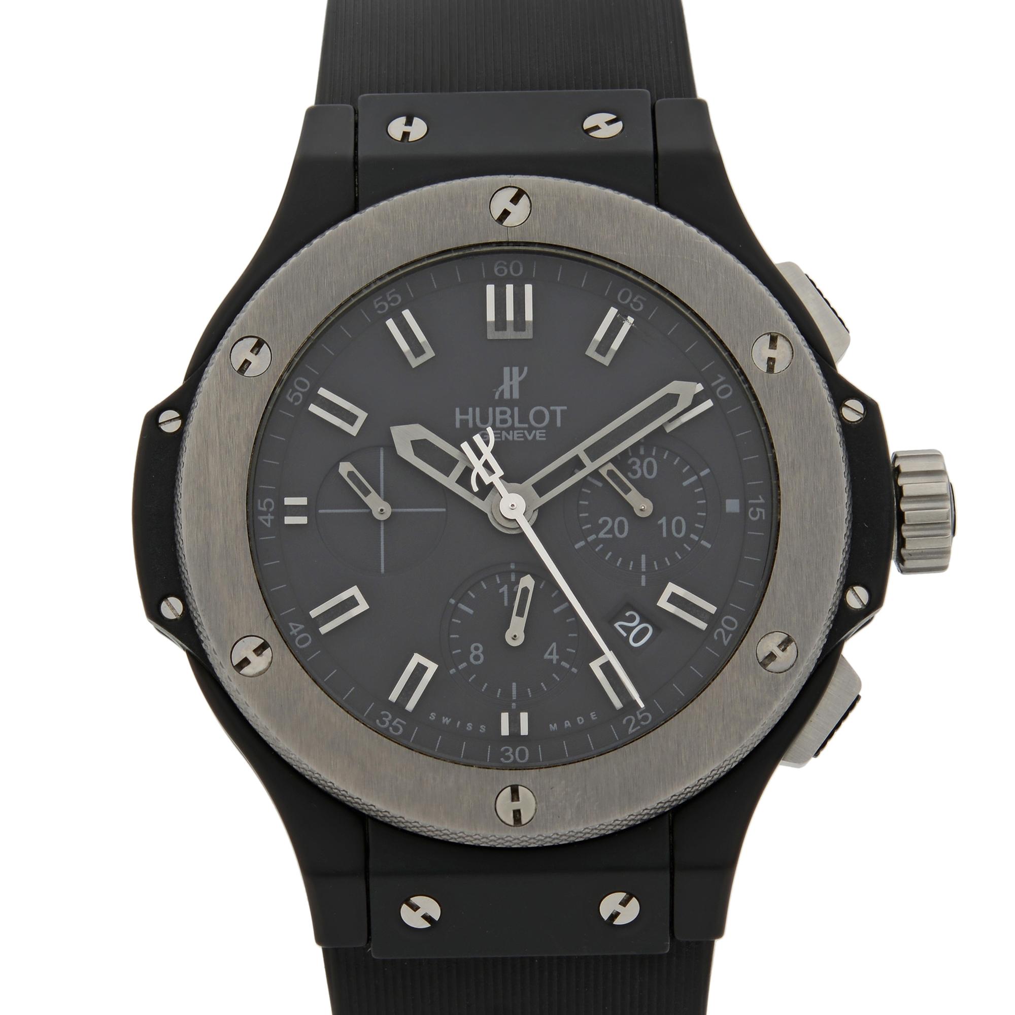 This pre-owned Hublot Big Bang 301.CK.1140.RX is a beautiful men's timepiece that is powered by mechanical (automatic) movement which is cased in a ceramic case. It has a round shape face, chronograph, date indicator, small seconds subdial dial and