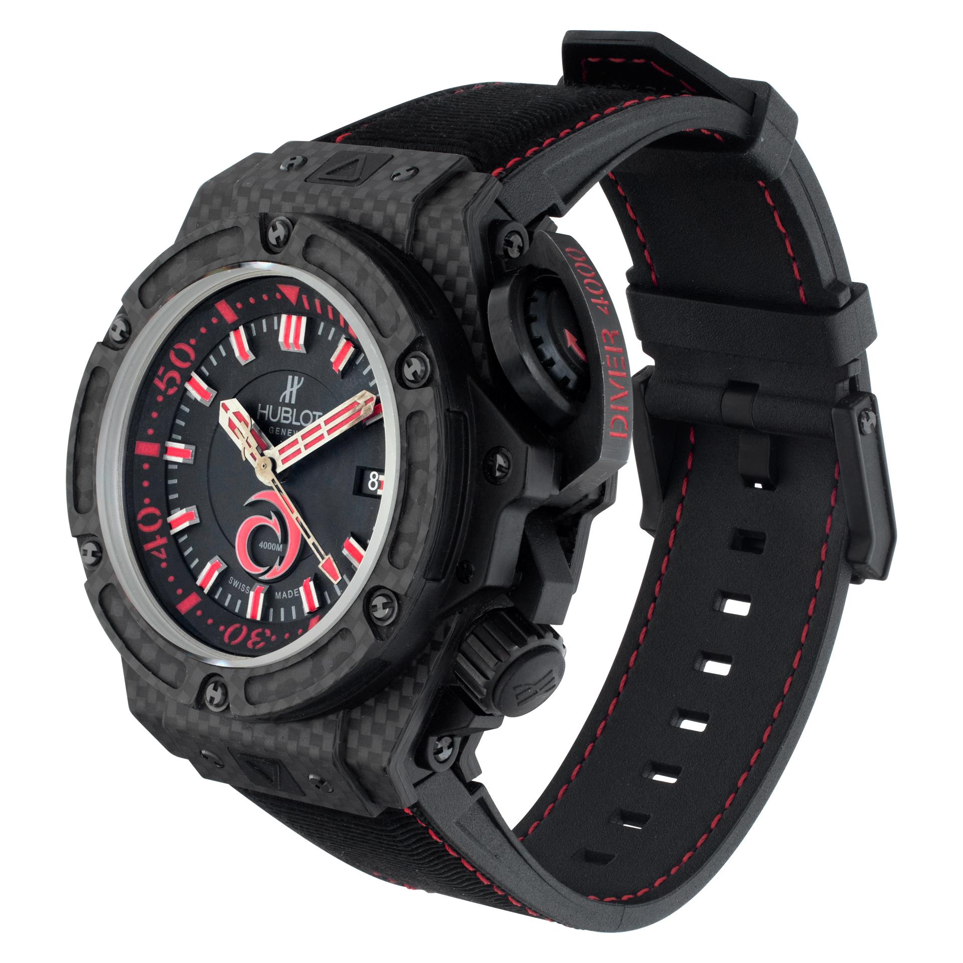 Hublot King Alinghi Power carbon fiber case with a black rubber and nomex strap. Auto, date and sweep seconds. 48 mm case size. Ref 731.QX.1140.NR.AGI12. Fine Pre-owned Hublot Watch. Certified preowned Sport Hublot King Power 731.QX.1140.NR.AGI12