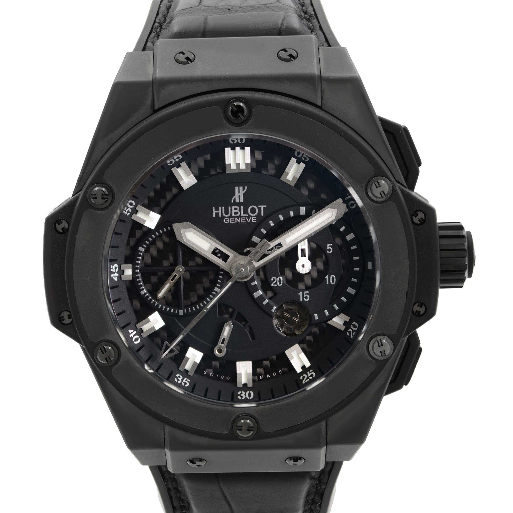 Pre Owned Hublot Big Bang King Power 48mm Ceramic Double Split Seconds Chronograph Carbon Fiber Black Dial Automatic Mens Watch 709.CI.1770.RX. This Beautiful Timepiece is Powered by Mechanical (Automatic) Movement And Features: Round Black Ceramic