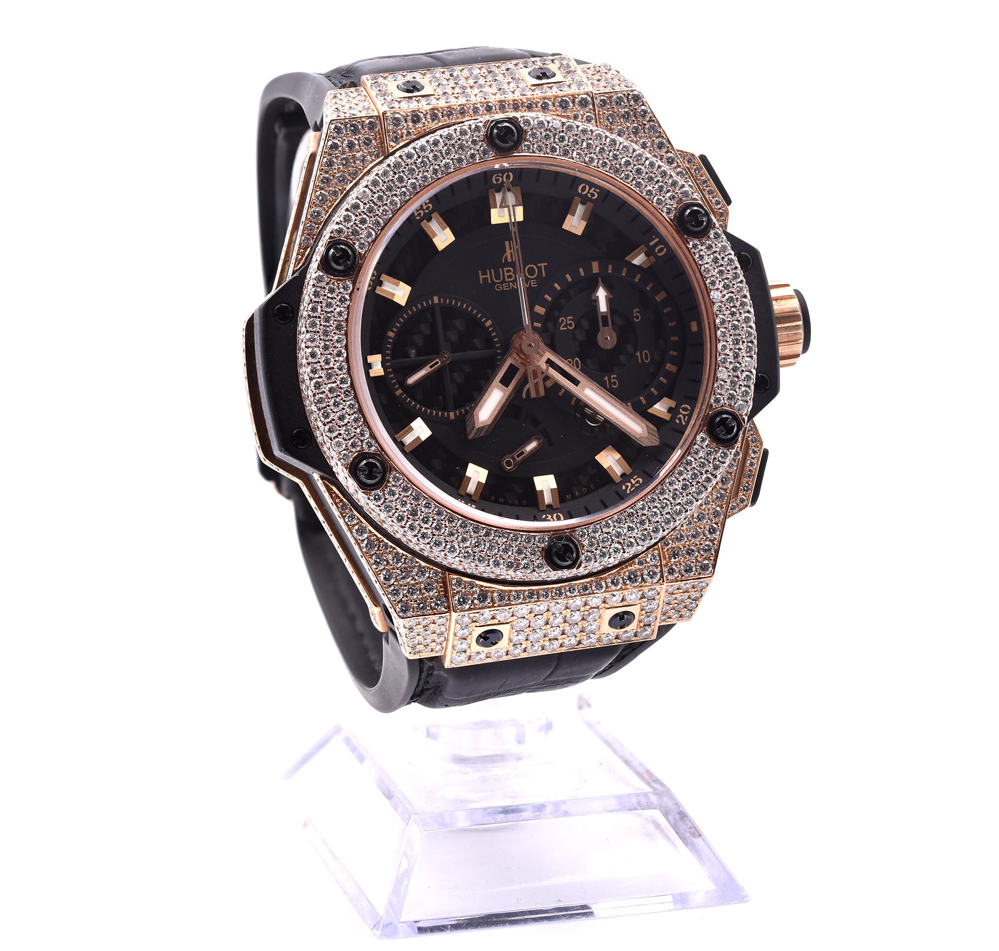Movement: automatic Hublot Caliber HUB4143
Function: hour, minute, split seconds, chronograph, power reserve
Case: 48mm 18k rose gold case with custom diamond bezel with sapphire exhibition case back, sapphire protective crystal, screw-down crown