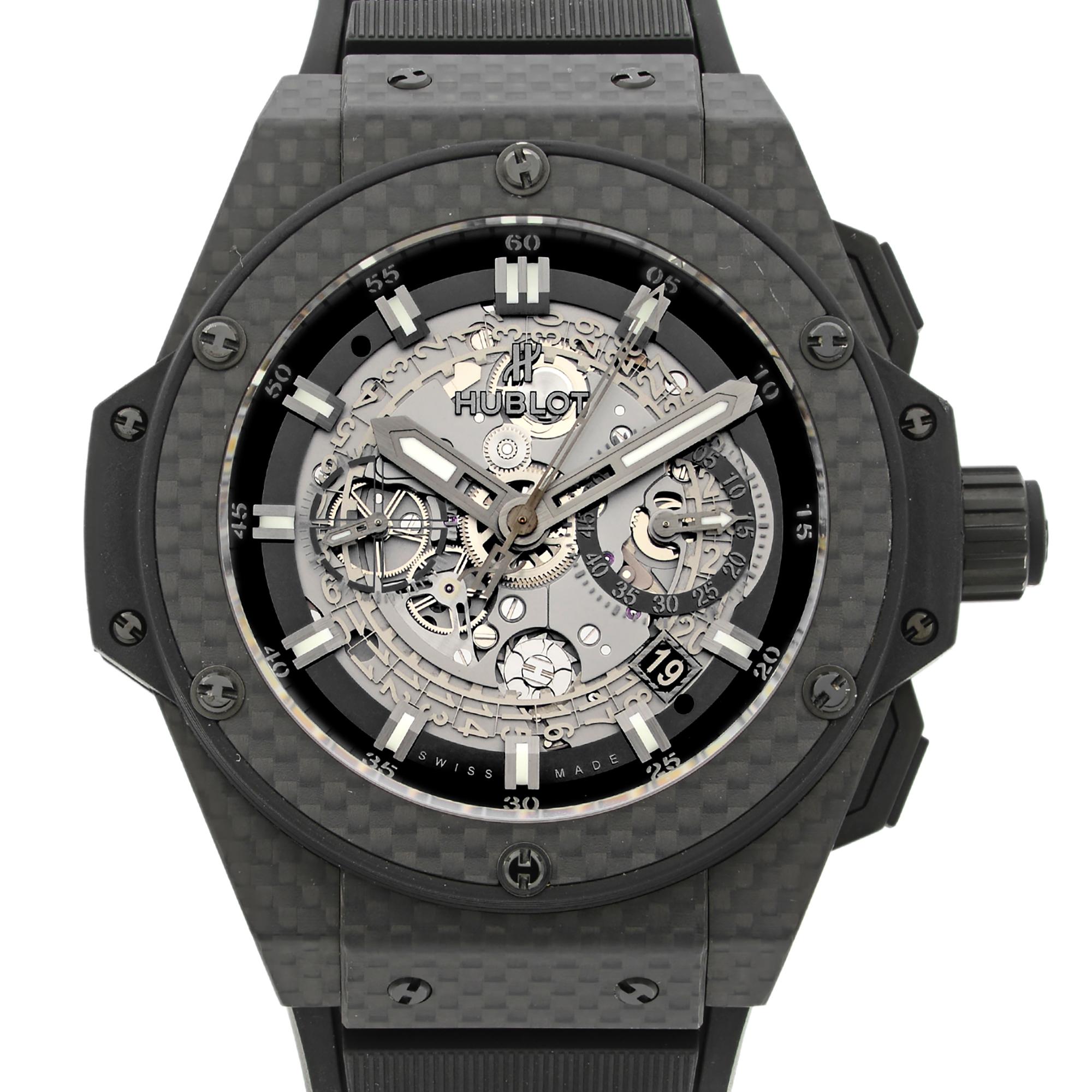 This pre-owned Hublot King Power 701.QX.0140.RX is a beautiful men's timepiece that is powered by mechanical (automatic) movement which is cased in a carbon fiber case. It has a tonneau shape face, chronograph, date indicator, small seconds subdial