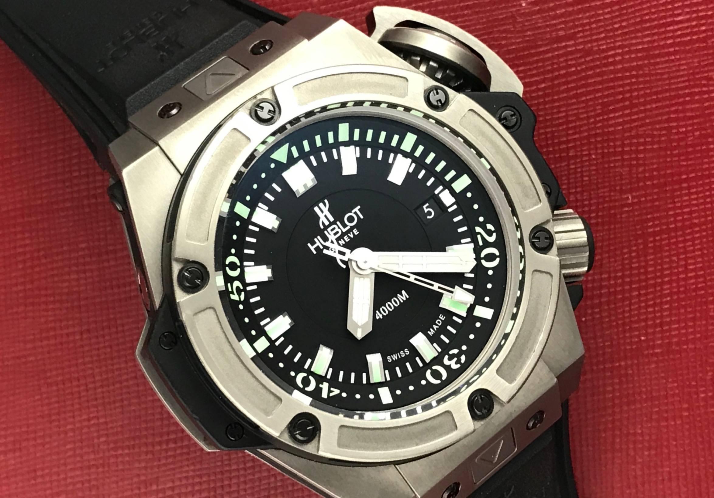 Hublot Musee Oceanographique Monaco Ref 731.NX.1190.RX, Certified Pre-Owned Mens automatic wrist watch. Hublot Self Winding Caliber HUB 1400 Movement with black dial and Titanium and black ceramic case with inner rotatable diver's bezel (48mm).
