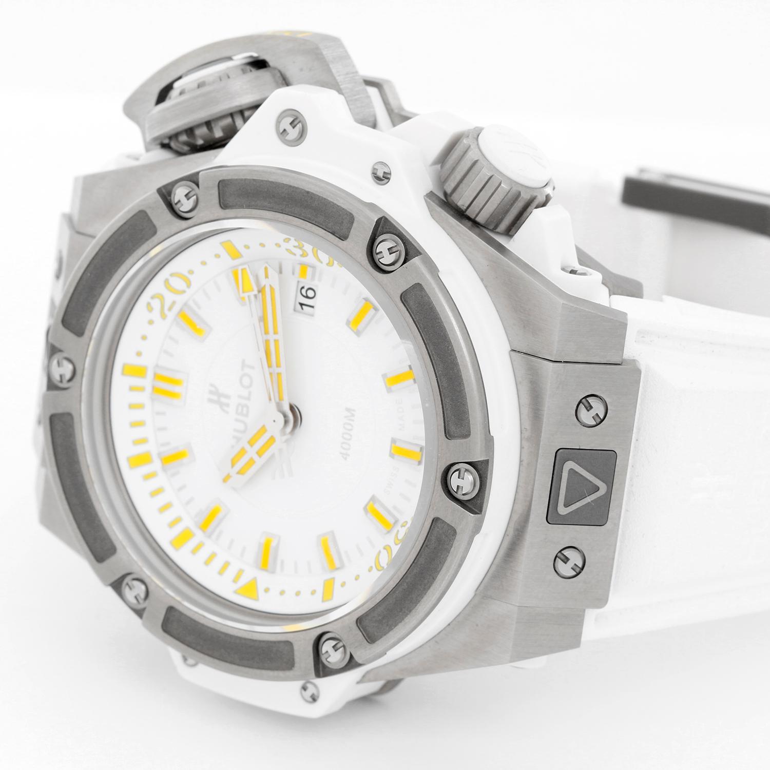 Hublot Oceanographic 4000 Cheval Blanc Randheli Special Edition - Automatic. Titanium and white ceramic case (48mm). White dial with yellow luminous markers. White rubber strap with Titanium Hublot buckle. Unused with Hublot box and papers.  Limited