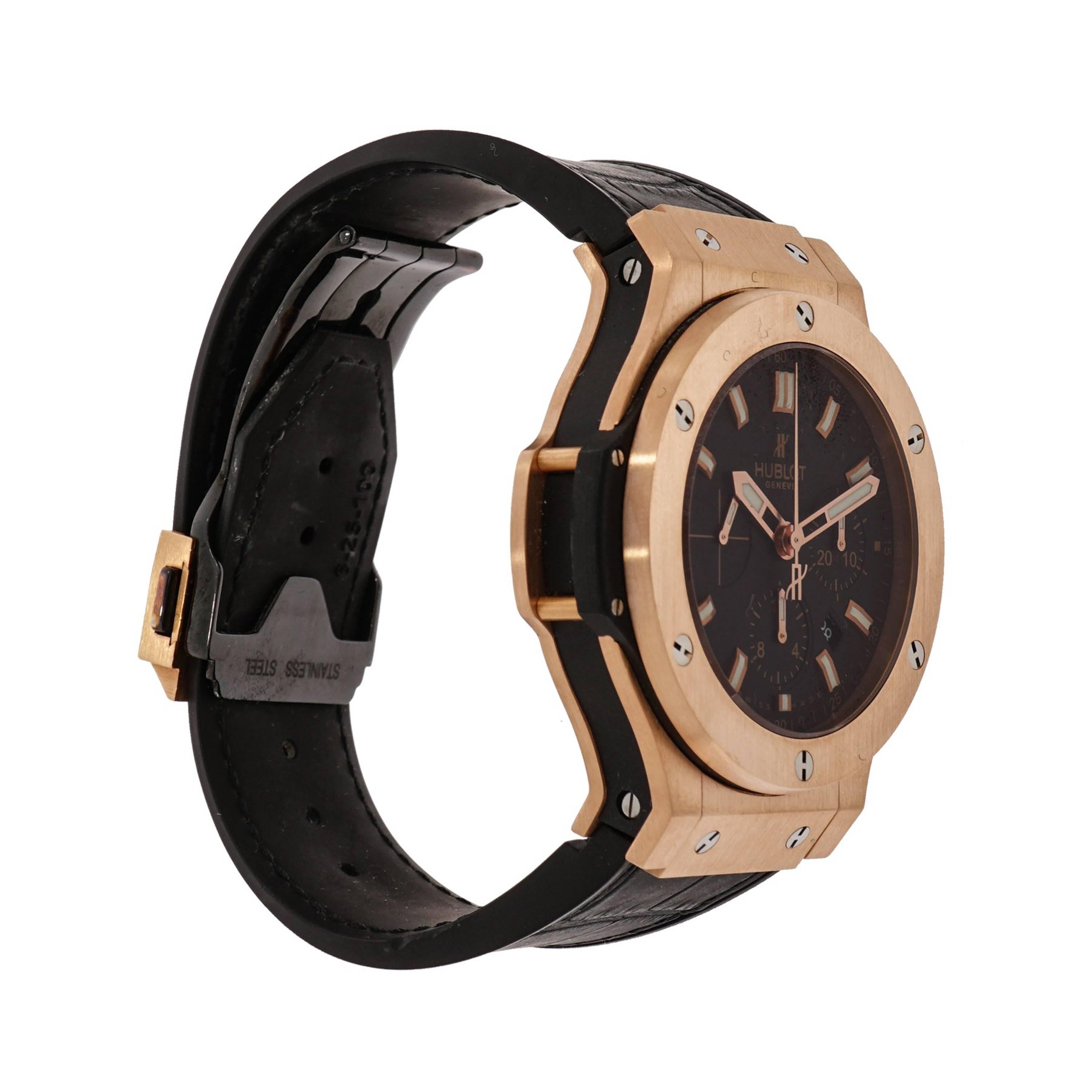 Hublot, a cutting edge and innovative design with quality craftsmanship to create satisfaction with every timepiece. This Hublot Big Bang Rose Gold Wristwatch features a self-winding movement with indications for the Hours, Minutes, Small Seconds,