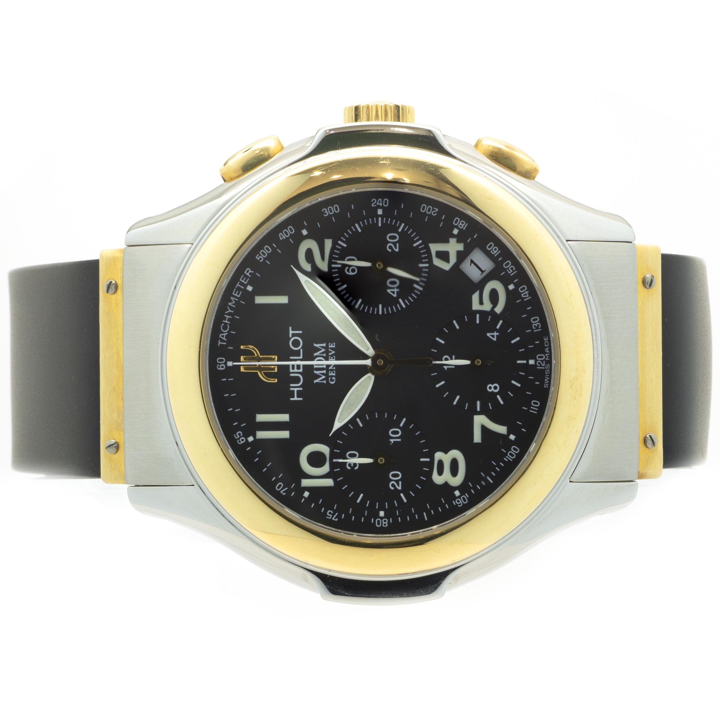 Movement: automatic
Function: hours, minutes, seconds, date, chronograph
Case: 40mm stainless steel and 18K yellow gold round case
Band: black rubber with Hublot stainless steel and 18K yellow gold deployment clasp
Dial: black arabic chronograph