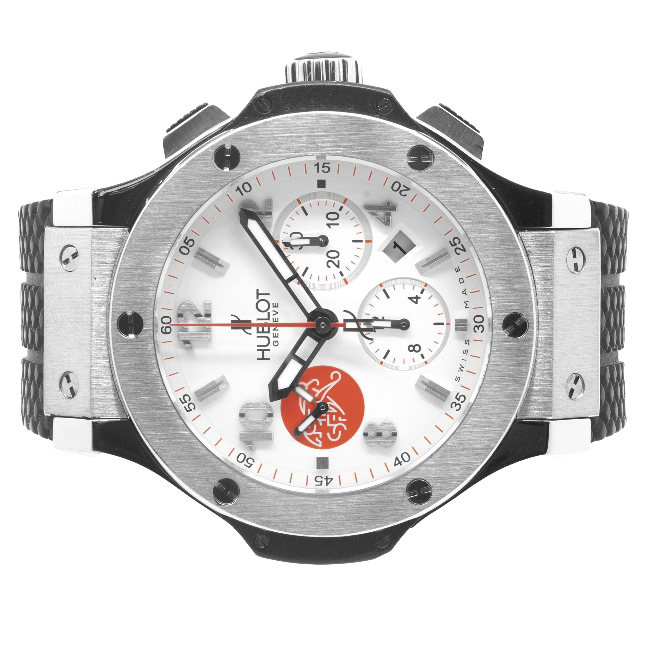 Movement: automatic
Function: hours, minutes, seconds, date, chronograph
Case: 44mm stainless steel case, steel bezel
Band: black rubber  Hublot strap with deployment clasp
Dial: white ASF – SFV limited edition dial
Reference #:  310
Serial #: