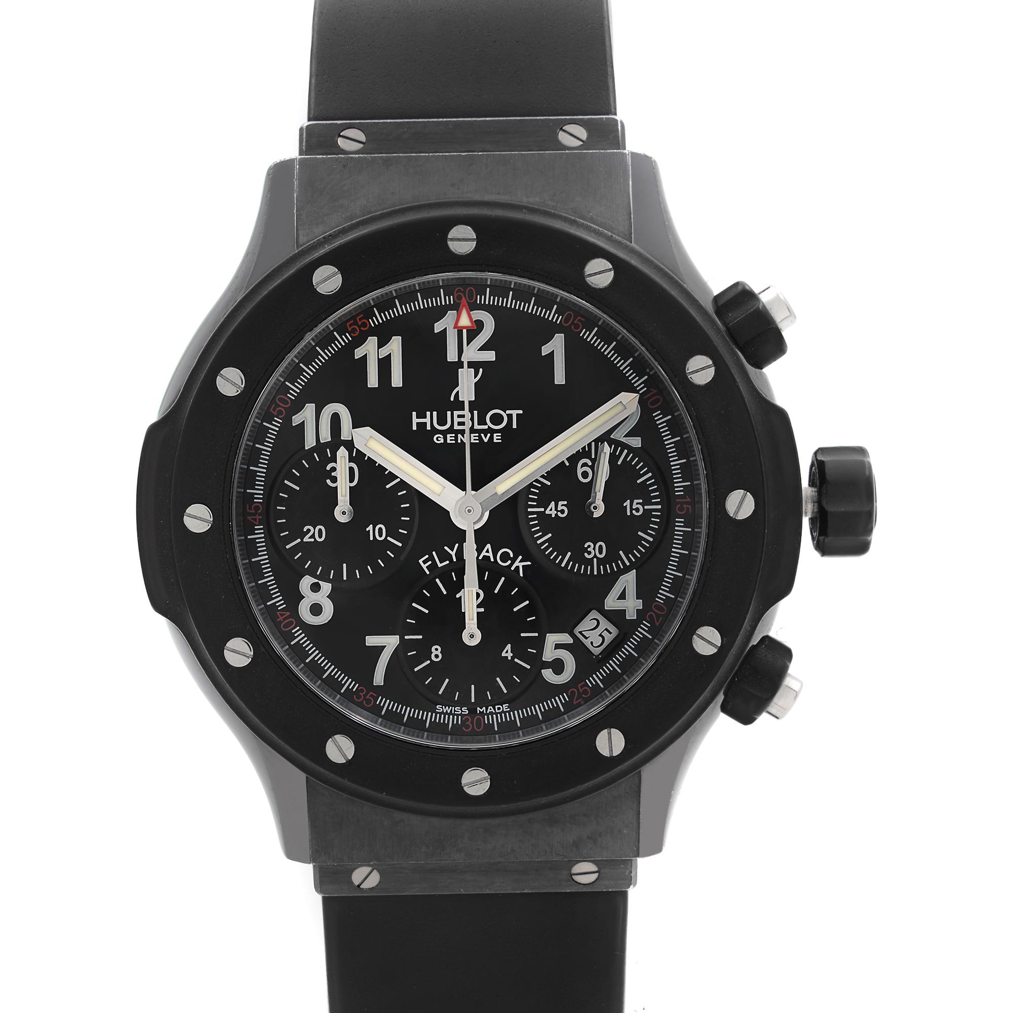 Pre-Owned Hublot Super B Black Magic Flyback Limited Edition 42mm Stainless Steel Chronograph Black Dial Men's Automatic Watch B 1926.12. Watch have visible minor scratches and micro dings on the case and all coated parts as visible in pictures.