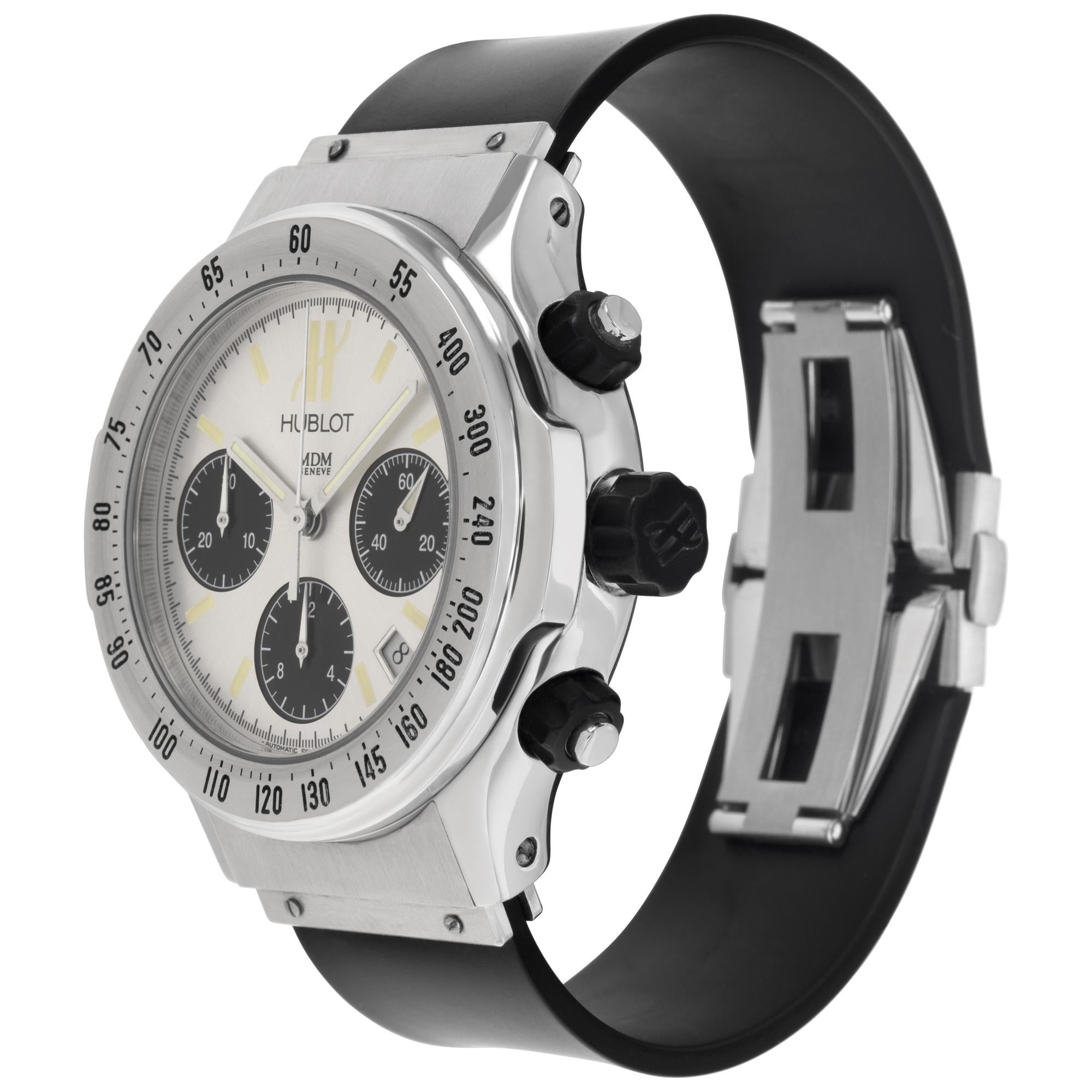 Hublot Super B Chronograph in stainless steel with silver and black panda dial. Auto w/ chronograph and sub-seconds. 42 mm case size. Ref 1920.1. Will fit a 7.75 inch wrist size with current rubber strap. Fine Pre-owned Hublot Watch.

 Certified