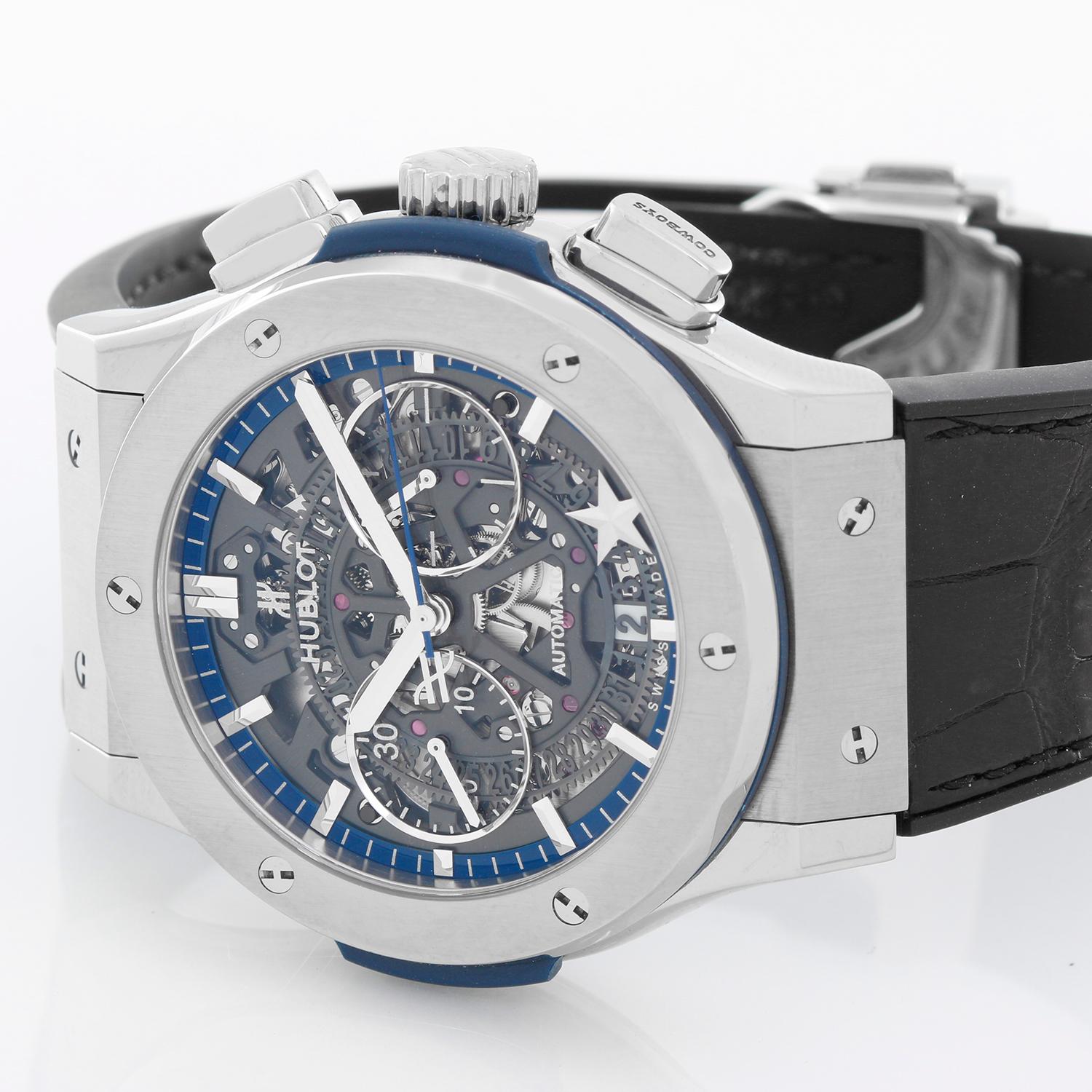 Hublot Classic Fusion Dallas Cowboys Special Edition Men's Watch 525.NX.0179.LR.DCW14 - Automatic winding, chronograph. Polished titanium with satin finish ( 45 mm ). Skeleton dial with rhodium counter ring. Dallas Cowboys Start at 5 o'clock. Black