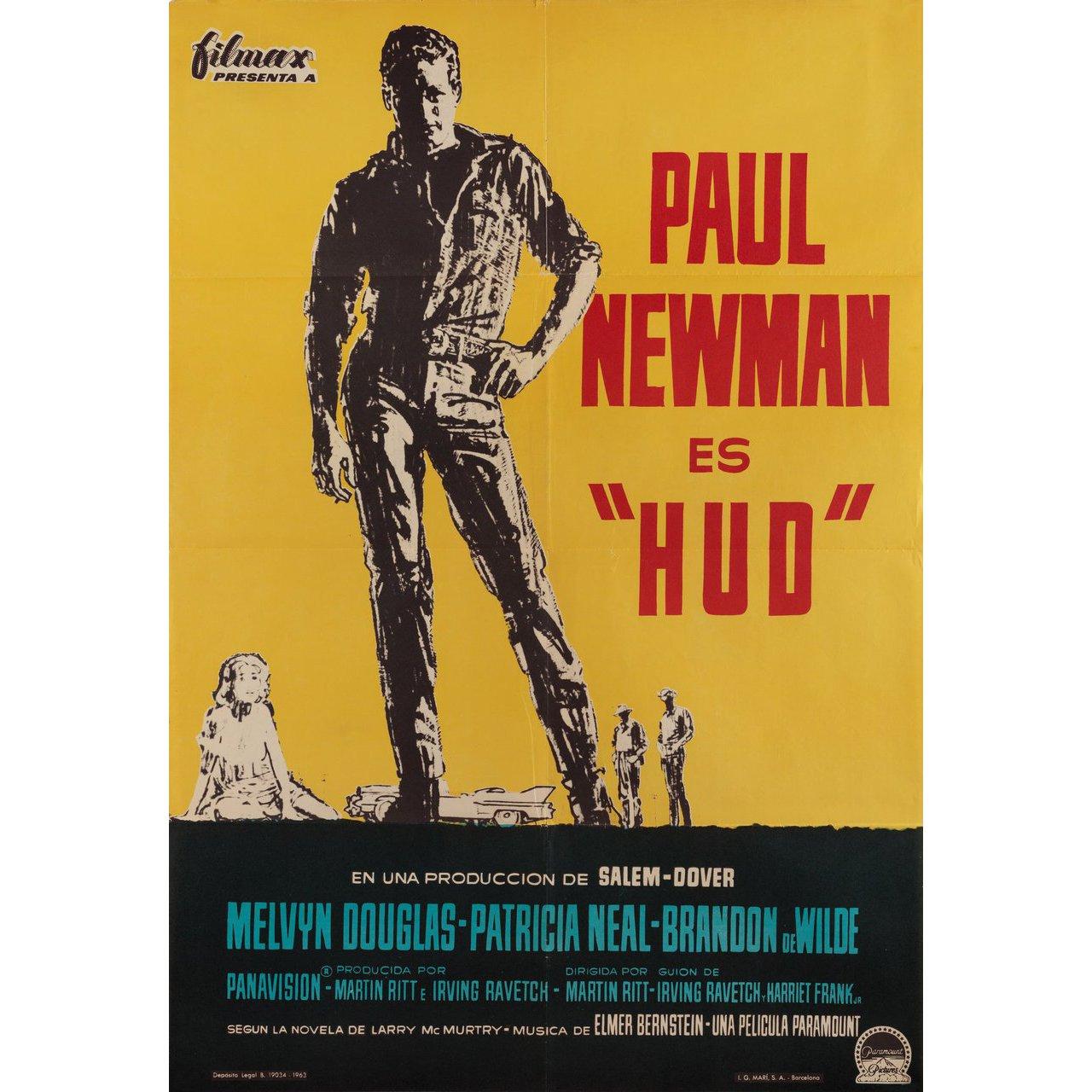 Original 1963 Spanish B1 poster for the film Hud directed by Martin Ritt with Paul Newman / Melvyn Douglas / Patricia Neal / Brandon De Wilde. Very Good condition, folded with fold separation. Many original posters were issued folded or were