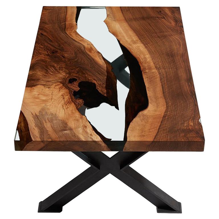 Hudson 120 Clear Epoxy Resin Coffee Table with "X" Legs For Sale