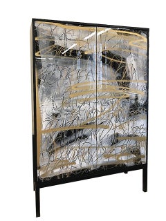 Hudson Cabinet by Morgan Clayhall, mix media artwork on doors