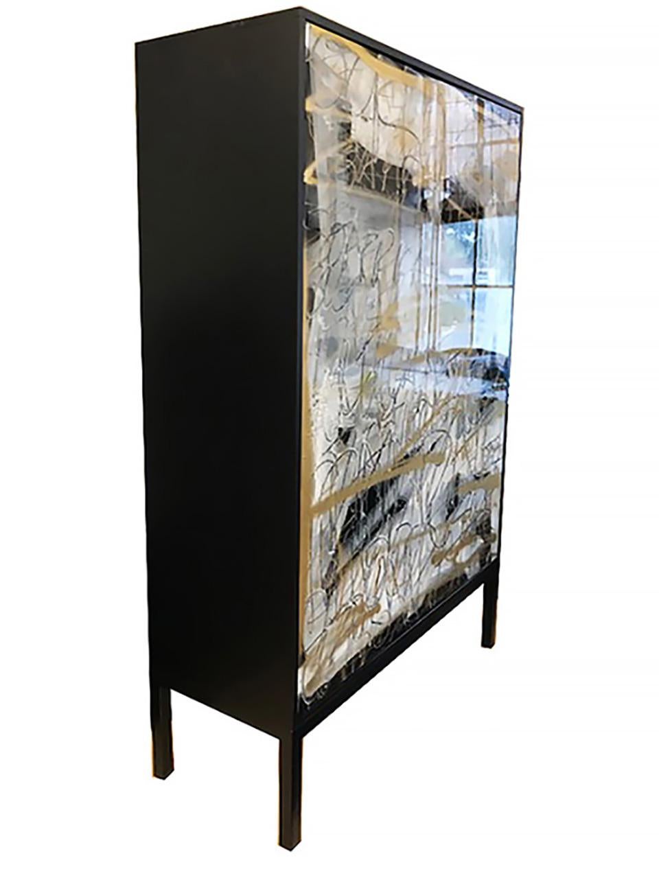 Modern Hudson Cabinet by Morgan Clayhall, mix media artwork on doors For Sale