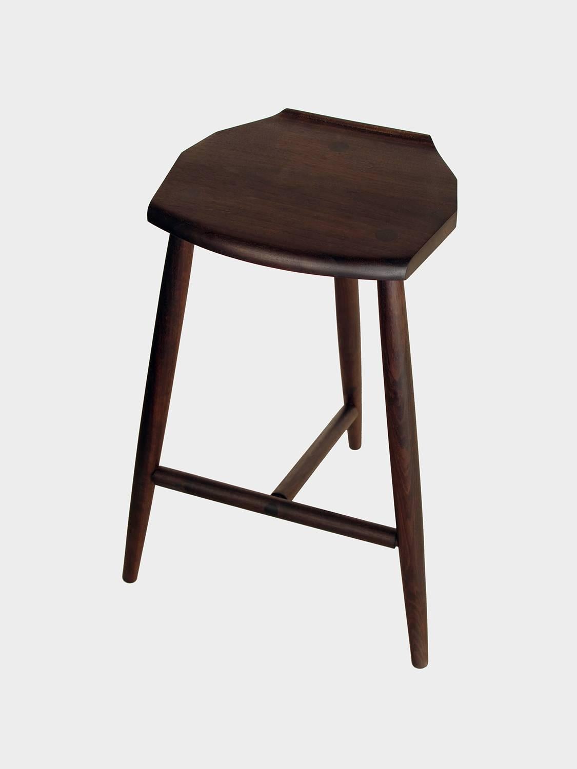 American Jordan Ebonized Walnut Counter Height 3-Legged Wood Stool by New York Heartwoods For Sale