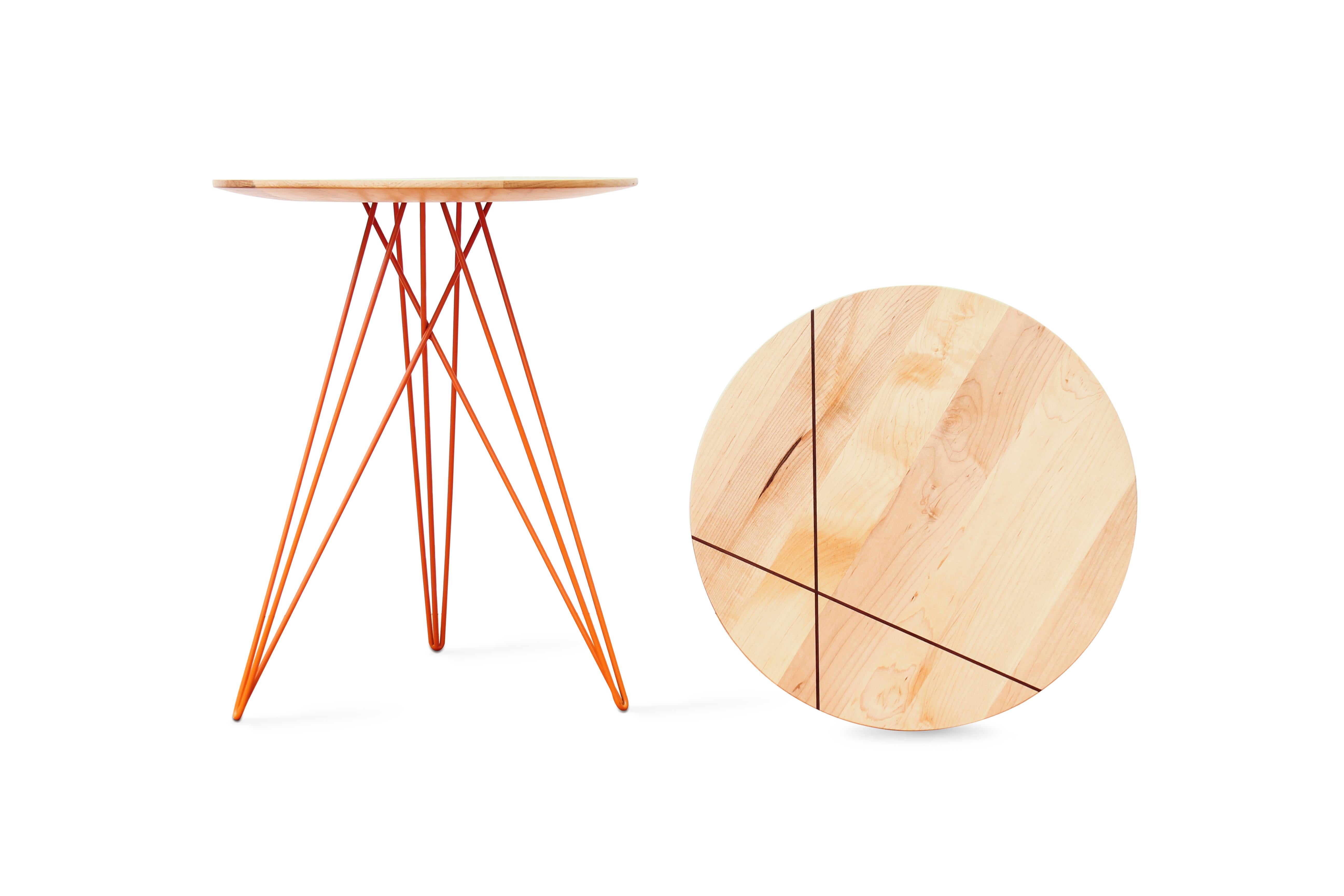 Scandinavian Modern Hudson Hairpin Side Table with Wood Inlay Maple Orange For Sale