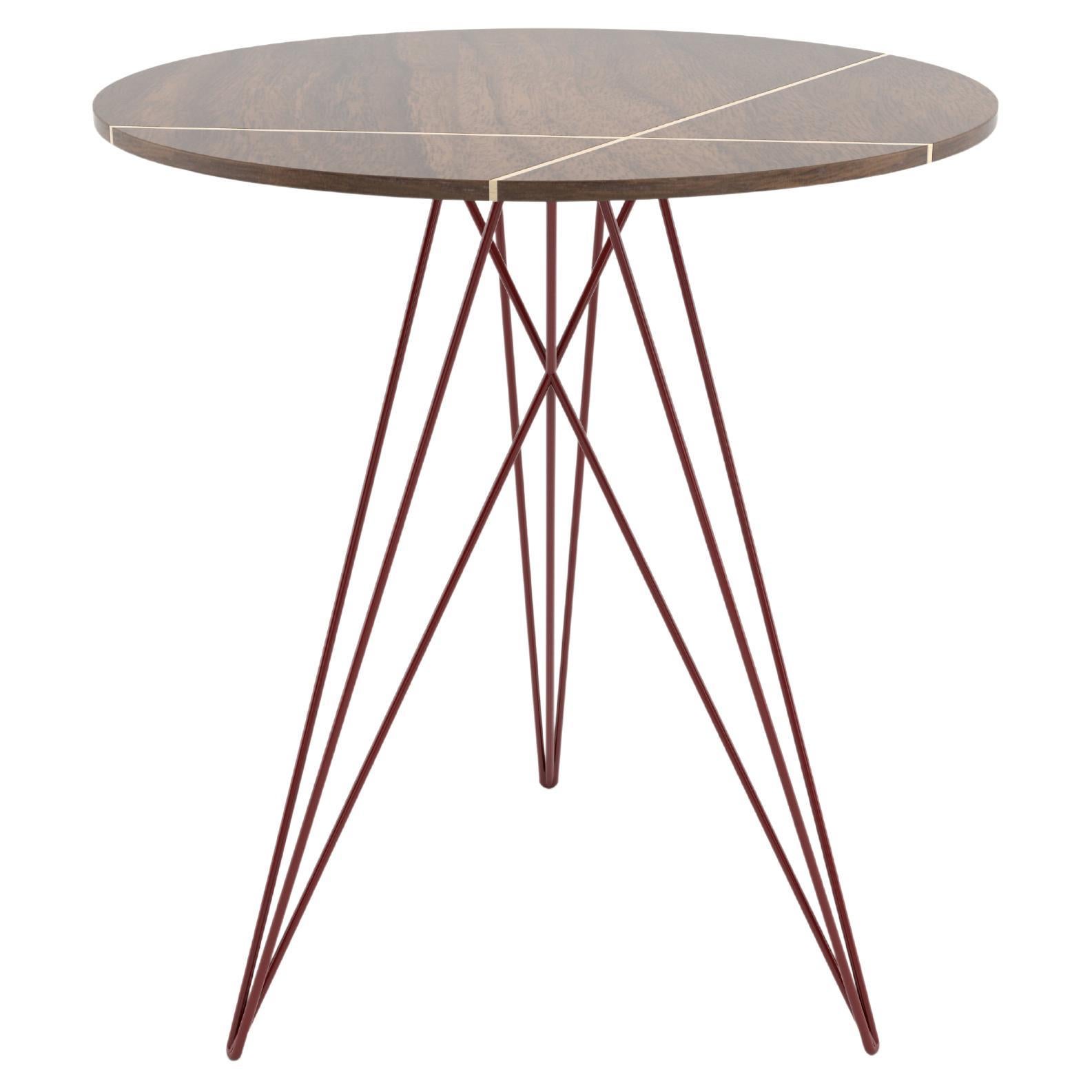 Hudson Hairpin Side Table with Wood Inlay Walnut Blood Red For Sale