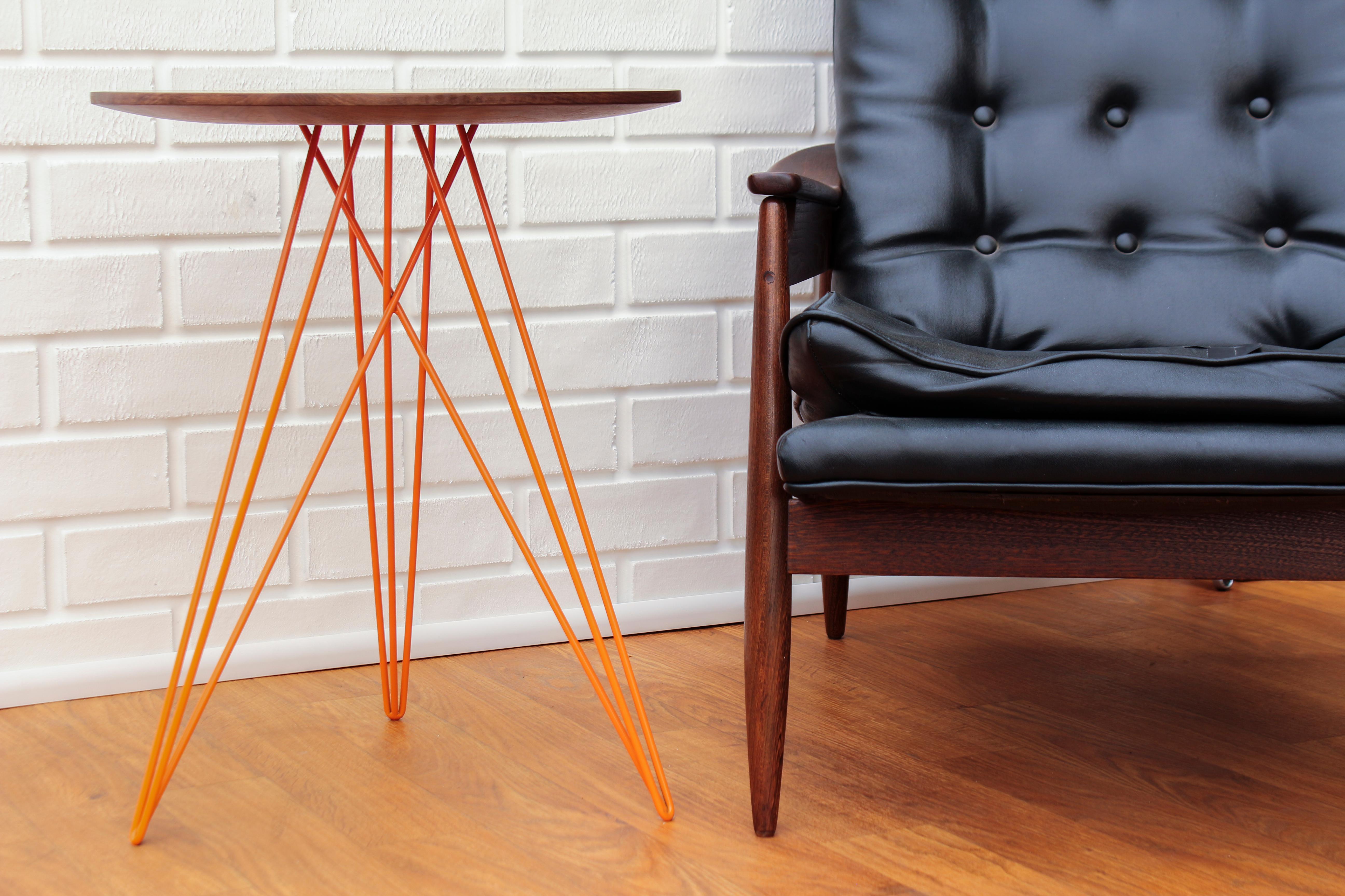 Minimalist Hudson Hairpin Side Table with Wood Inlay Walnut Orange For Sale