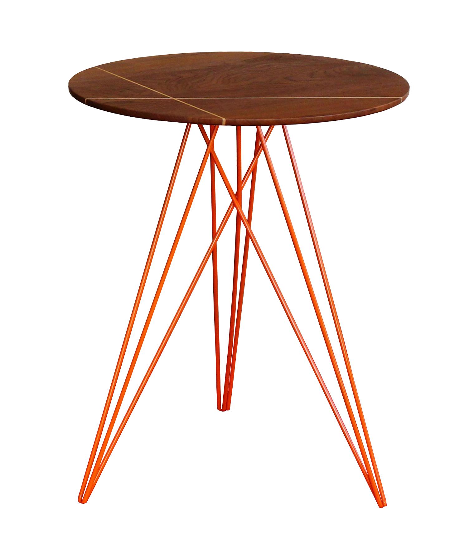 American Hudson Hairpin Side Table with Wood Inlay Walnut Orange For Sale